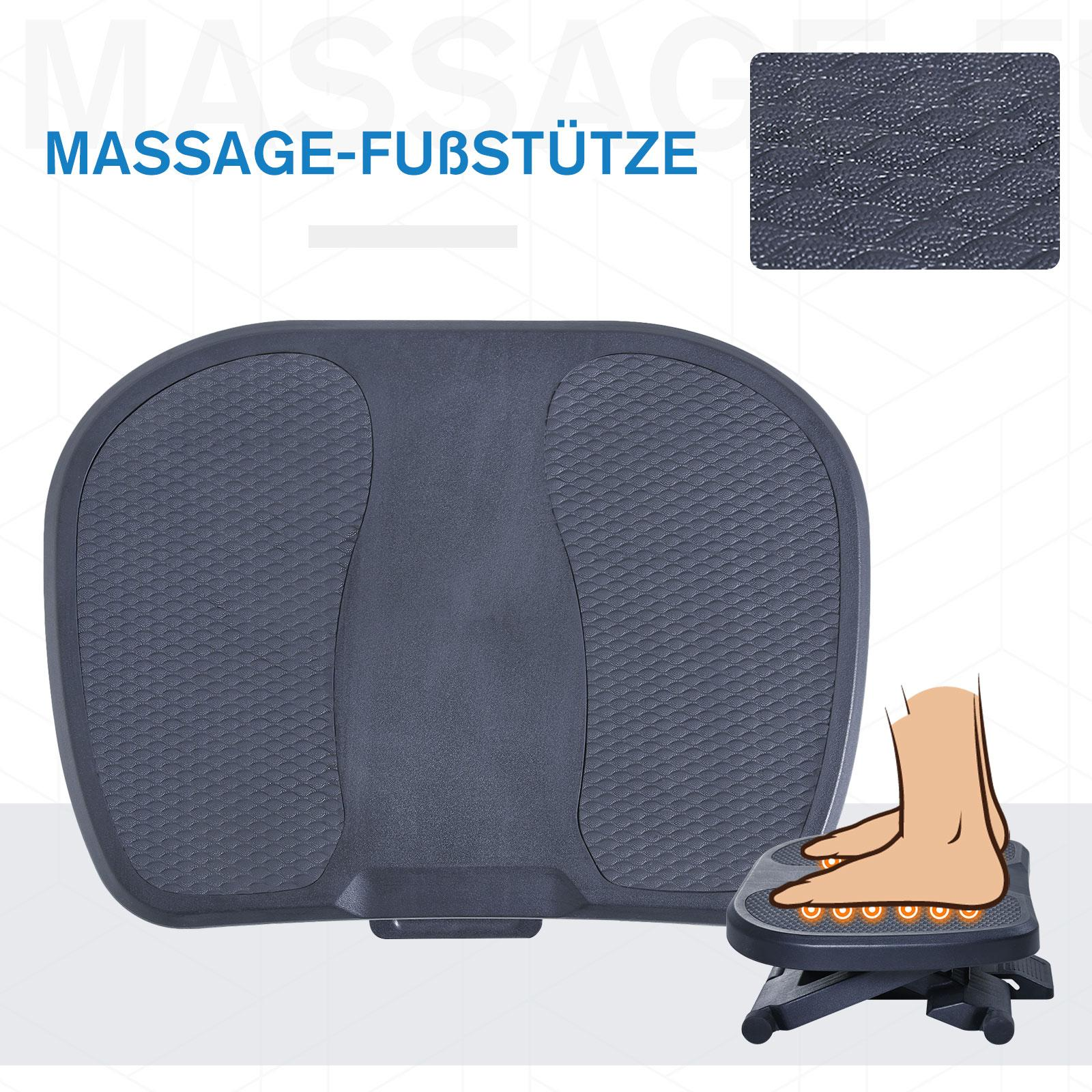 Ein Fußmassagegerät. Eine große, graue Fußstütze mit strukturierter Oberfläche. Eine kleinere Fußstütze mit Lichtern und Fußillustration.