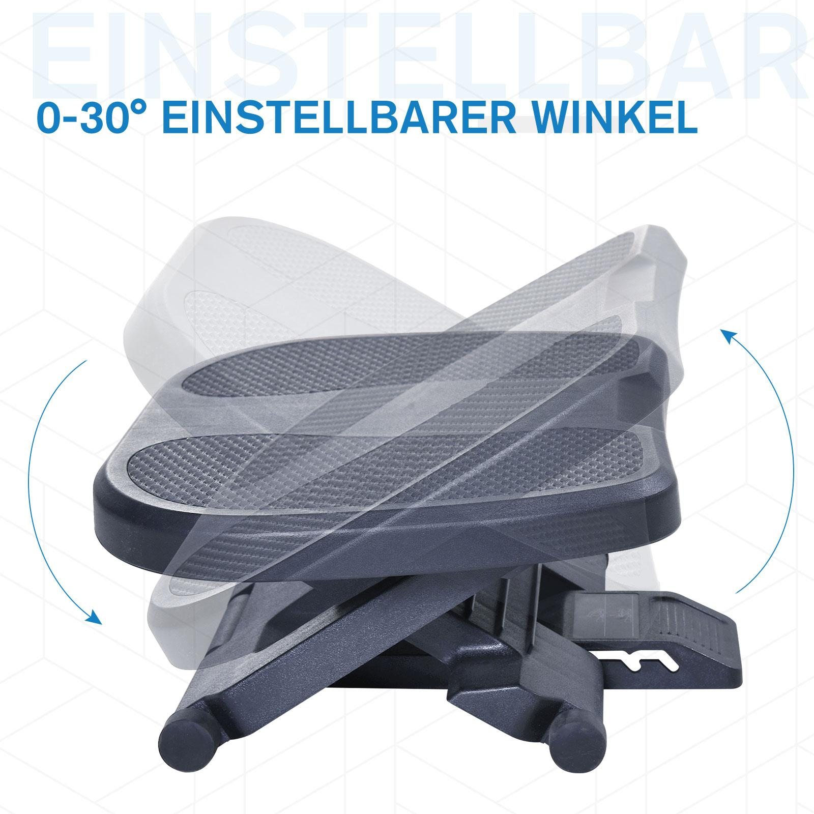 Eine verstellbare Fußstütze mit einem Winkel von 0-30 Grad. Sie ist dunkelgrau mit strukturierten Oberflächen.
