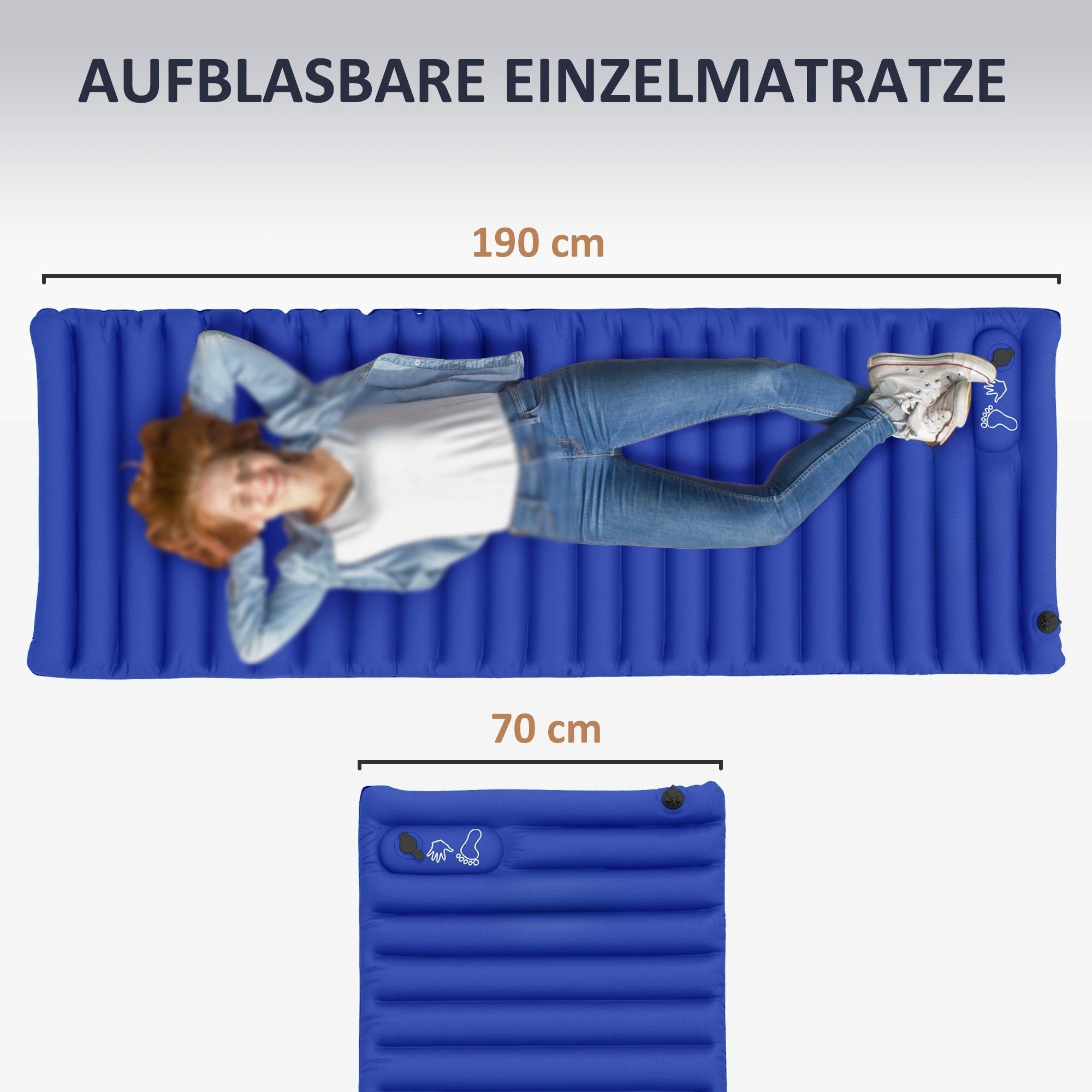 Eine Frau liegt auf einer blauen aufblasbaren Matratze. Sie ist mit 190 cm x 70 cm gekennzeichnet. Der Text oben lautet 'AUFBLASBARE EINZELMATRATZE'.