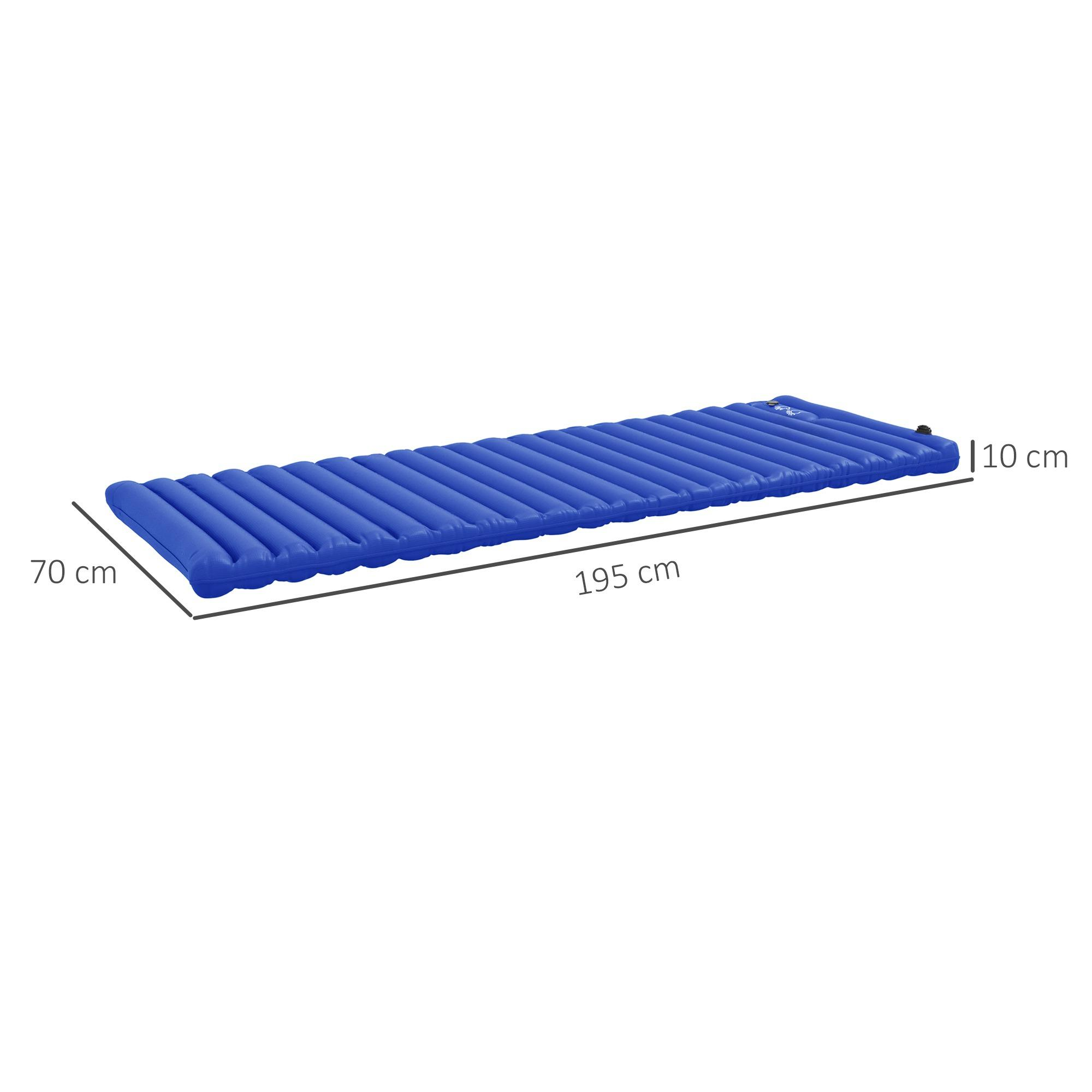 Eine blaue, rechteckige aufblasbare Schlafmatte wird angezeigt, mit den Abmessungen 195 cm lang, 70 cm breit und 10 cm dick.
