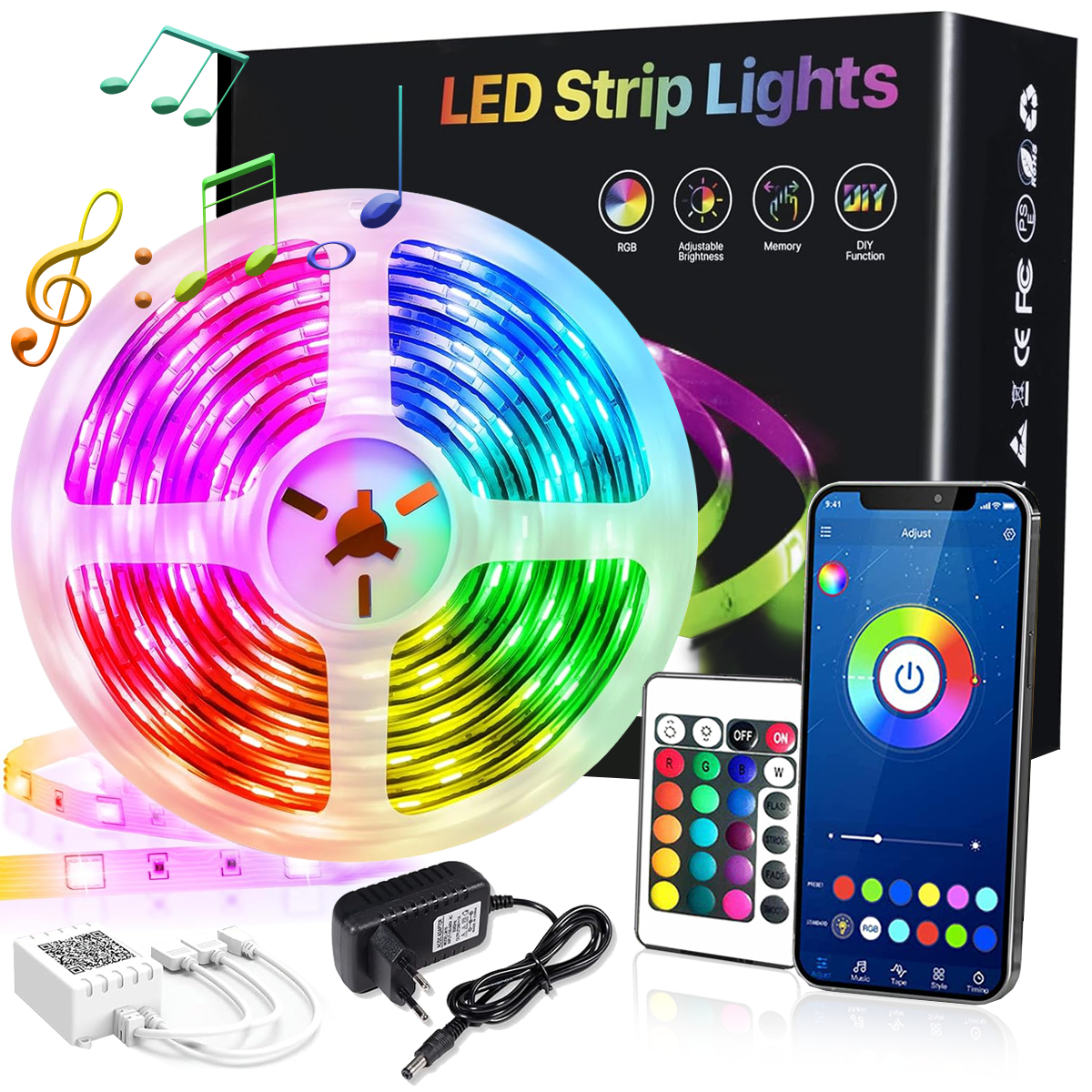 LED-Streifenlichter mit Fernbedienung, Telefon und Netzteil. Farben sind Rot, Grün, Blau und Gelb. Musiknoten sind ebenfalls sichtbar.