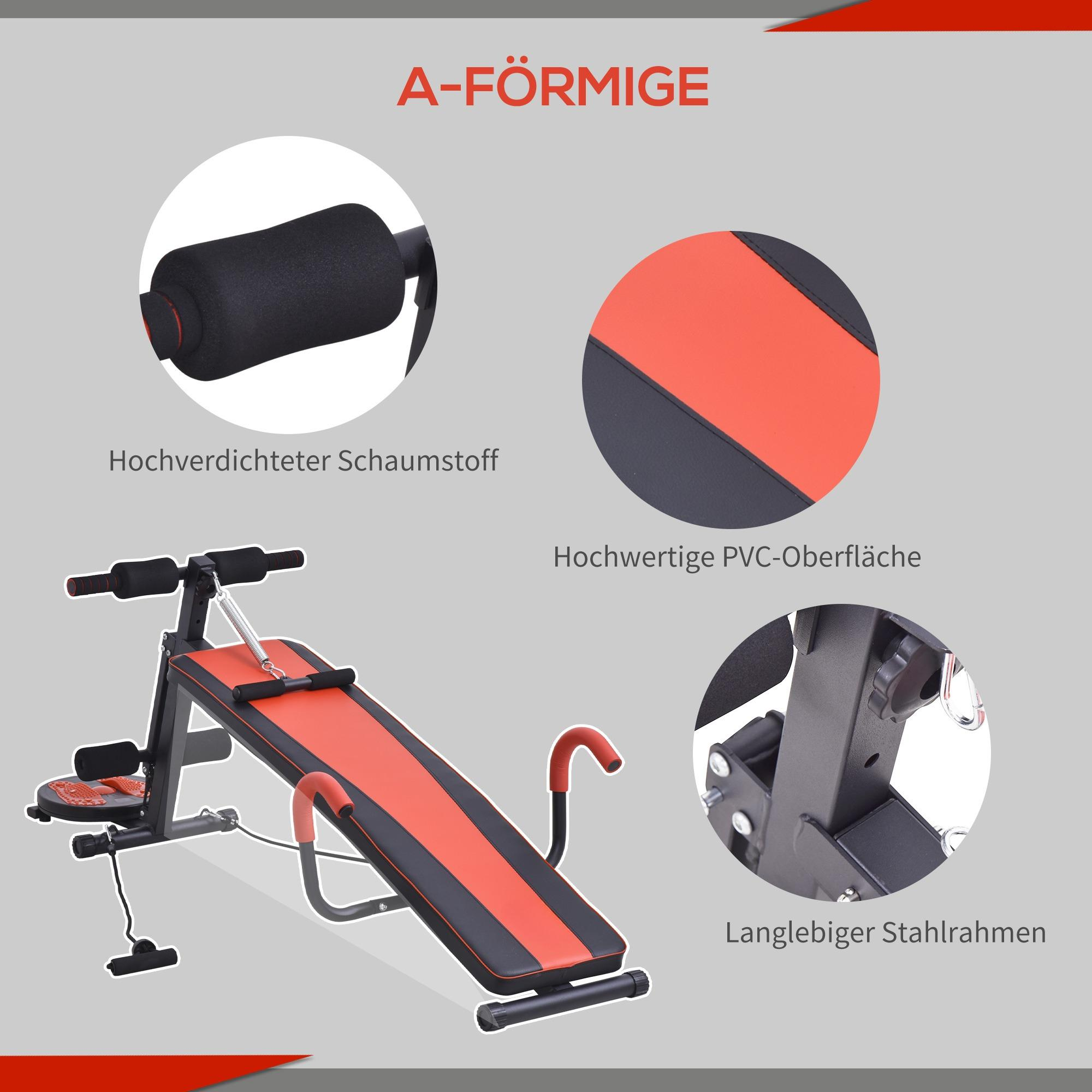 A-förmige Fitnessbank mit rot-schwarzem Design, schwarzer Schaumstoffpolsterung und Stahlrahmen, Nahaufnahmen.