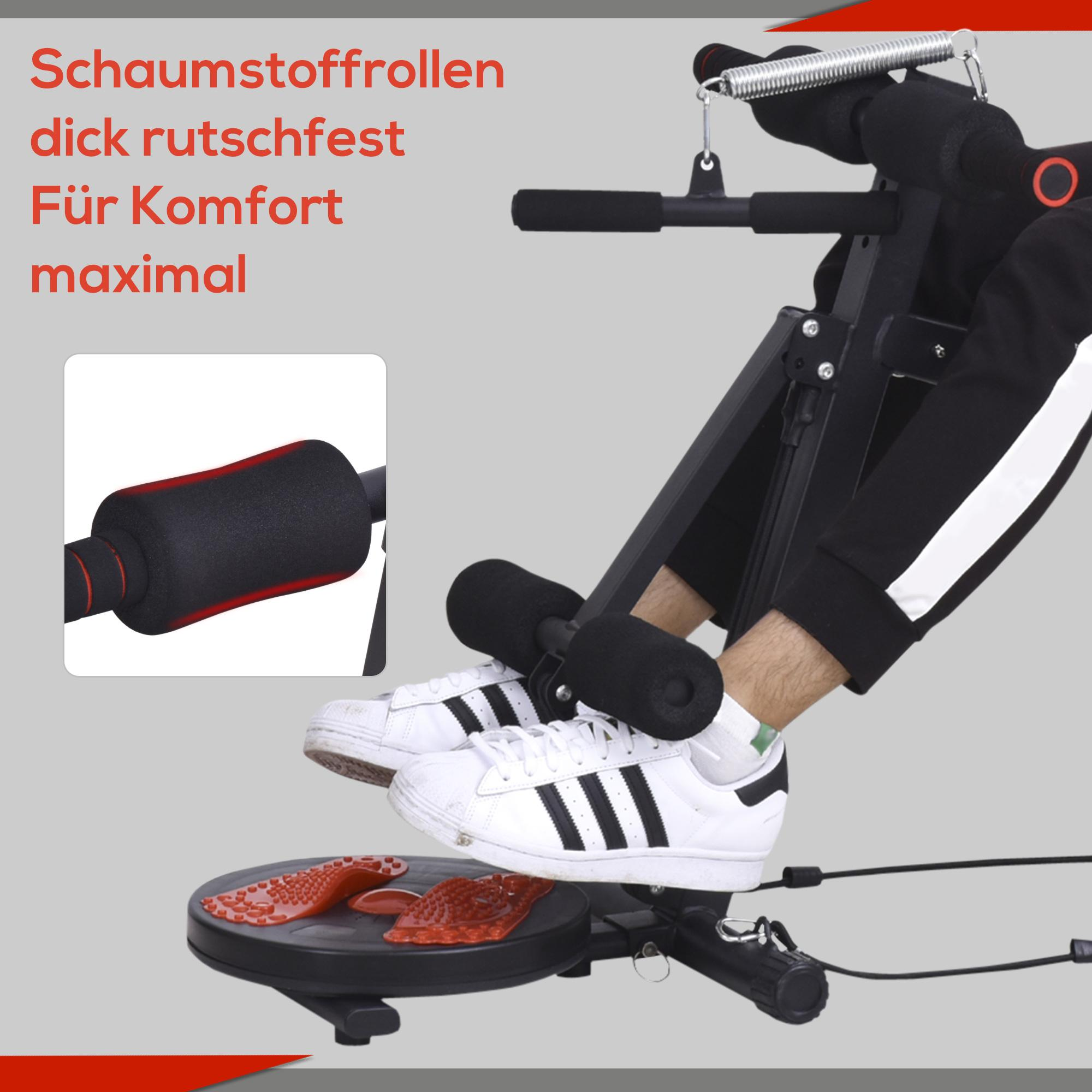 Trainingsgerät in Gebrauch. Schwarz-rote Details, weiße Schuhe und ein schwarzes Outfit mit weißen Streifen.