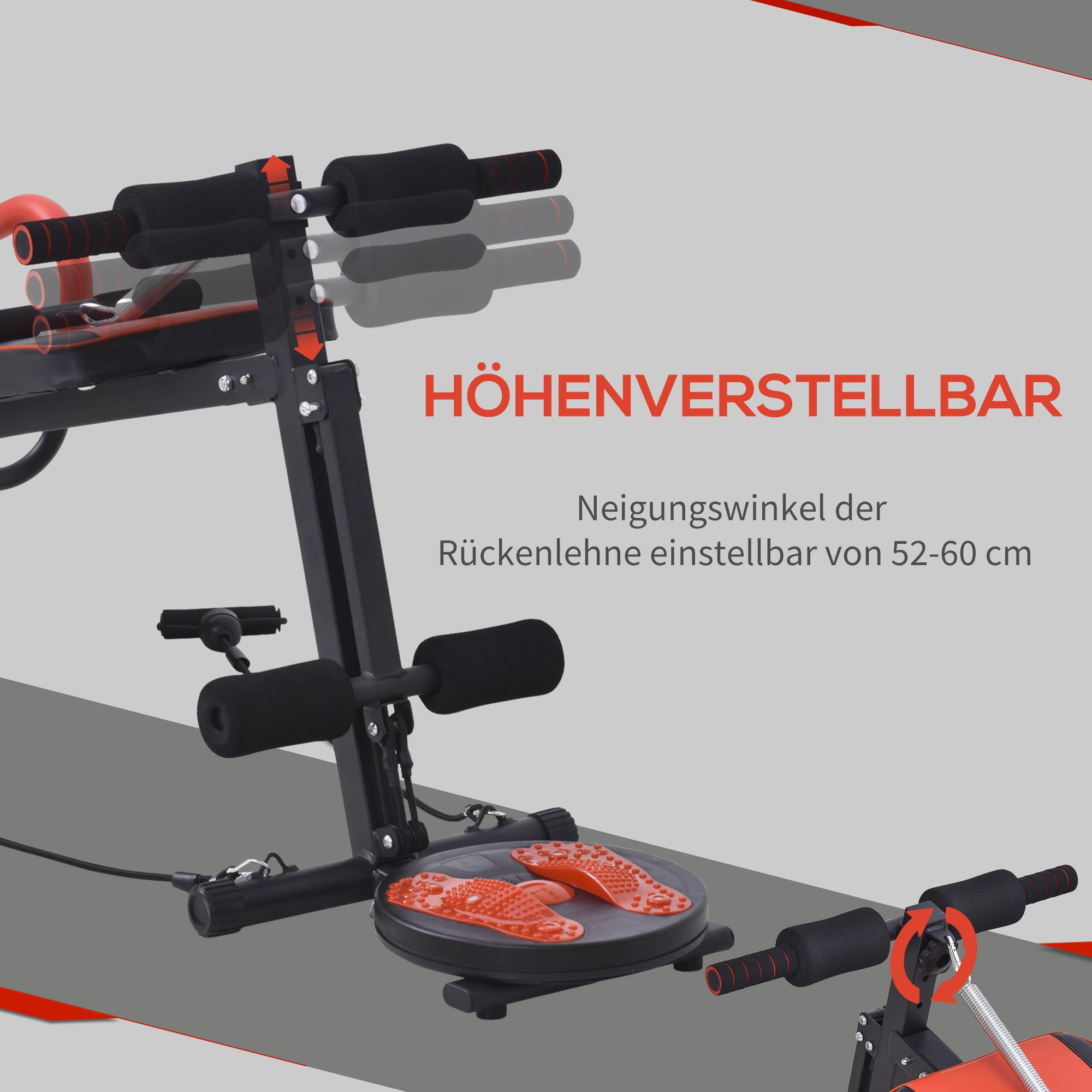 Schwarzes und rotes Trainingsgerät mit verstellbarer Rückenlehne. Enthält Fußstützen und gepolsterte Auflagen. Text: 'HÖHENVERSTELLBAR'.