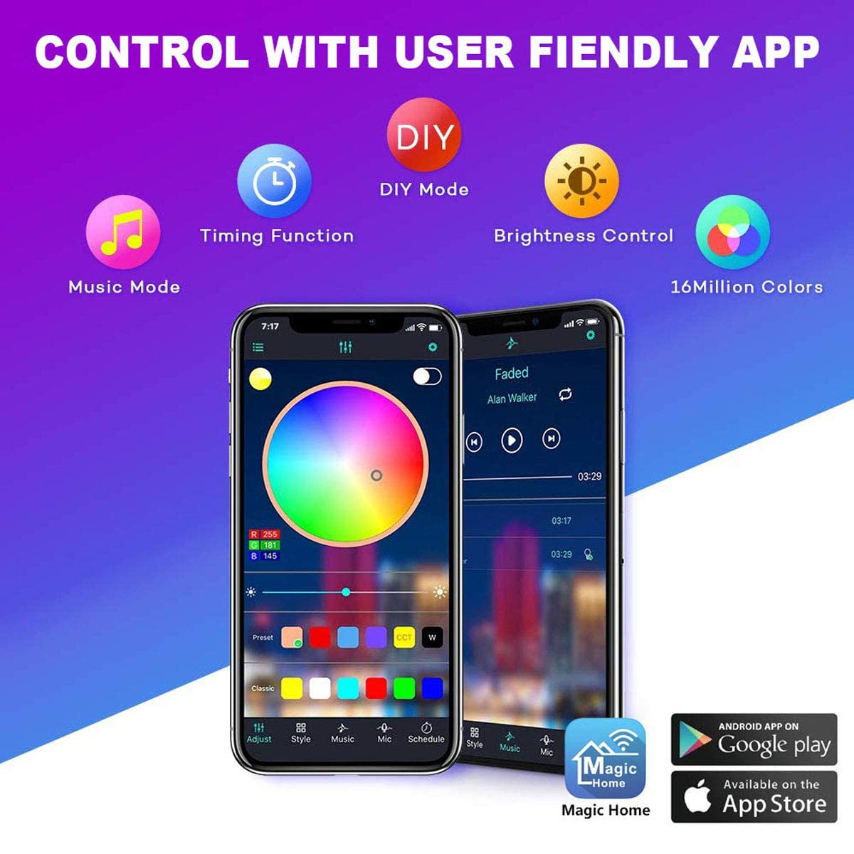 Zwei Smartphones zeigen App-Oberflächen. Symbole zeigen Musik-, Zeit-, Helligkeits- und Farbsteuerung. App Store- und Google Play-Logos sind vorhanden.