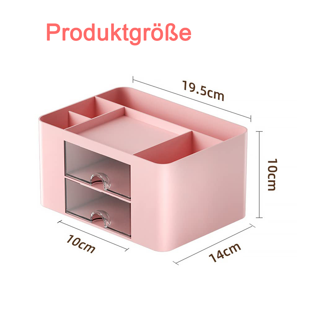 Rosa Schreibtisch-Organizer mit zwei Schubladen und Fächern. Maße: 19,5 cm, 10 cm, 10 cm und 14 cm. Text: Produktgröße.