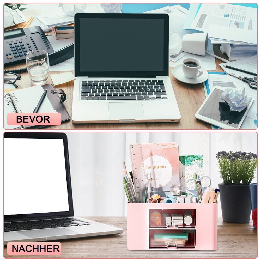 Oben: unordentlicher Schreibtisch mit Laptop. Unten: organisierter Schreibtisch mit Laptop und rosa Organizer. Vergleich vor und nach der Organisation.