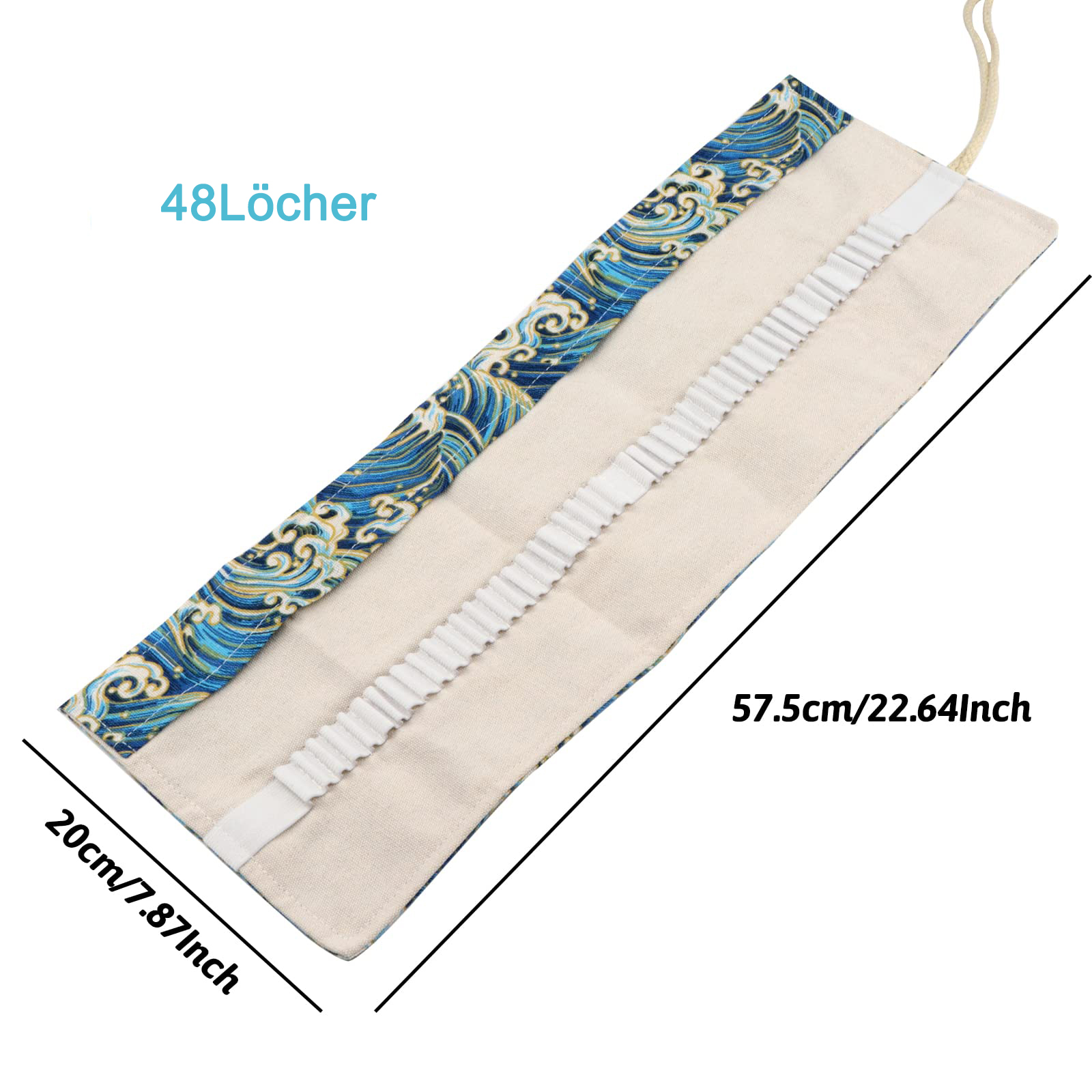 Ein Federmäppchen mit blauem Wellenmuster und weißen Fächern. Text: 48Löcher, 20cm, 57,5cm.