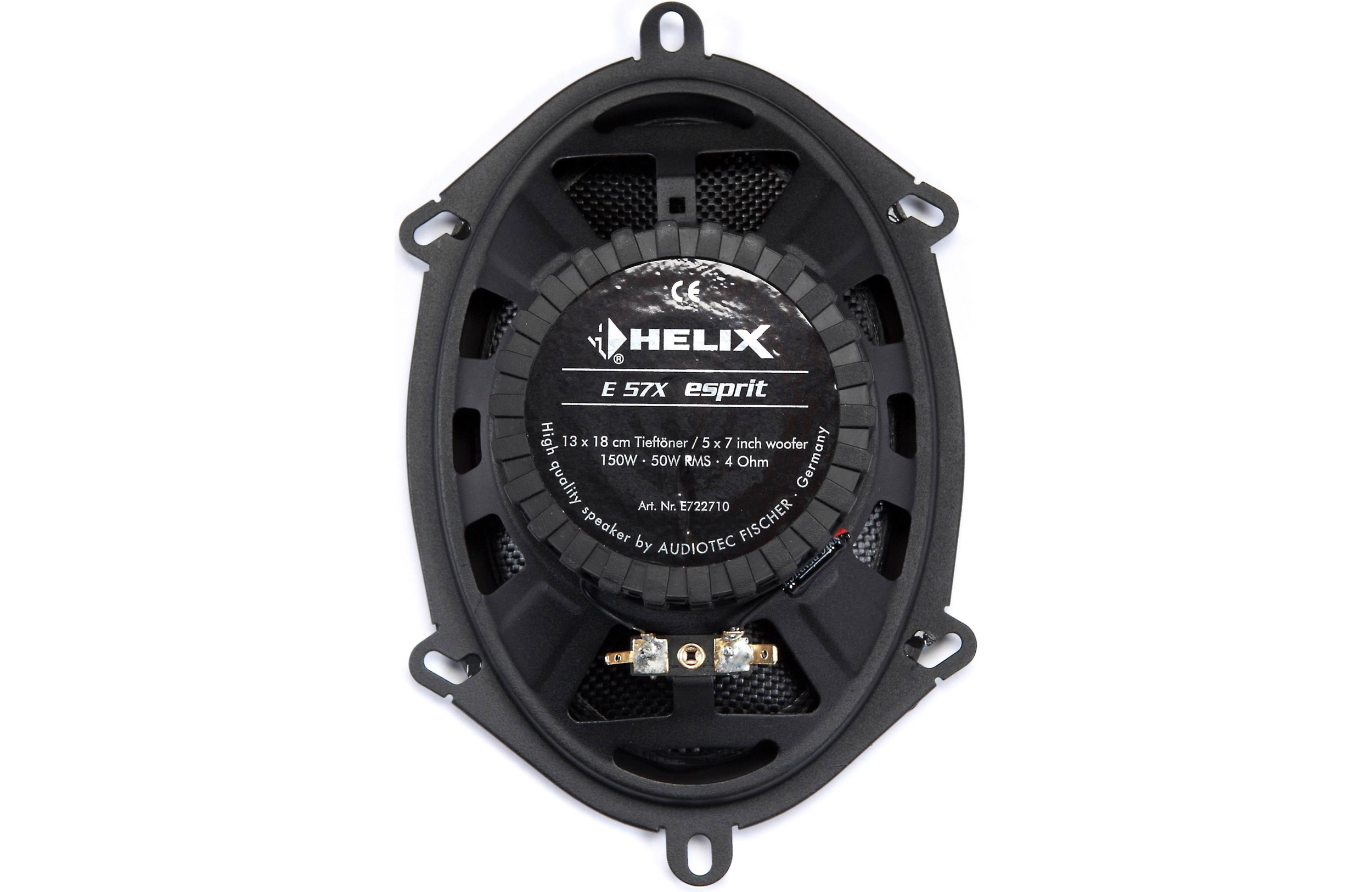 Ein schwarzer Autolautsprecher mit der Marke HELIX ist auf weißem Hintergrund zentriert. Er hat das Modell E 57X esprit.