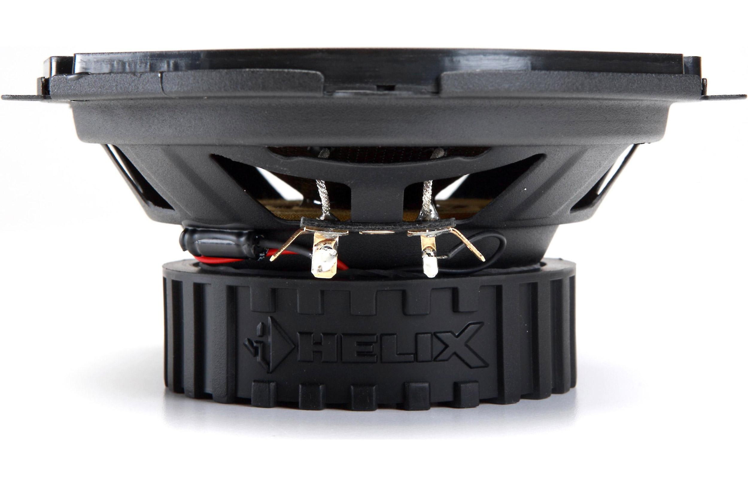 Schwarzer Lautsprecher mit Helix-Logo. Der Lautsprecher hat einen schwarzen Rahmen und einen Metalldraht. Weißer Hintergrund.