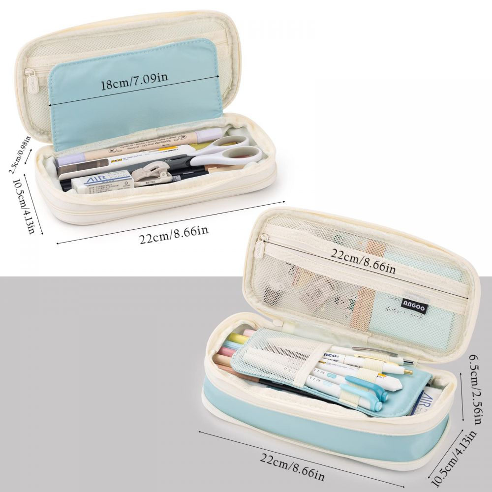 Zwei Federmäppchen, eines beige und eines hellblau, geöffnet mit Schreibwaren und Abmessungen. Das beige Etui hat eine Schere.