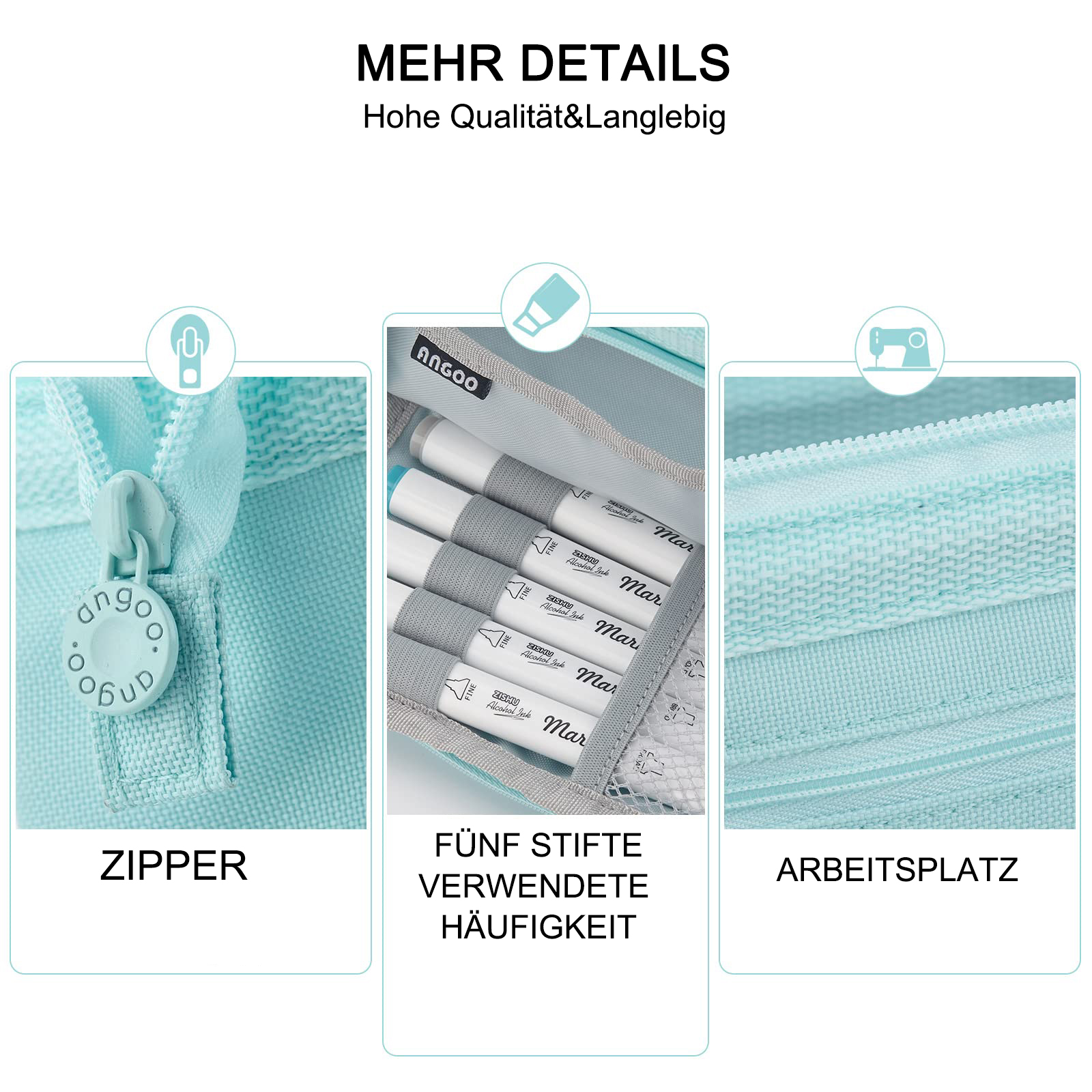 Das Bild zeigt ein teal Federmäppchen mit Abschnitten: Reißverschluss, fünf Marker und ein Arbeitsbereich.