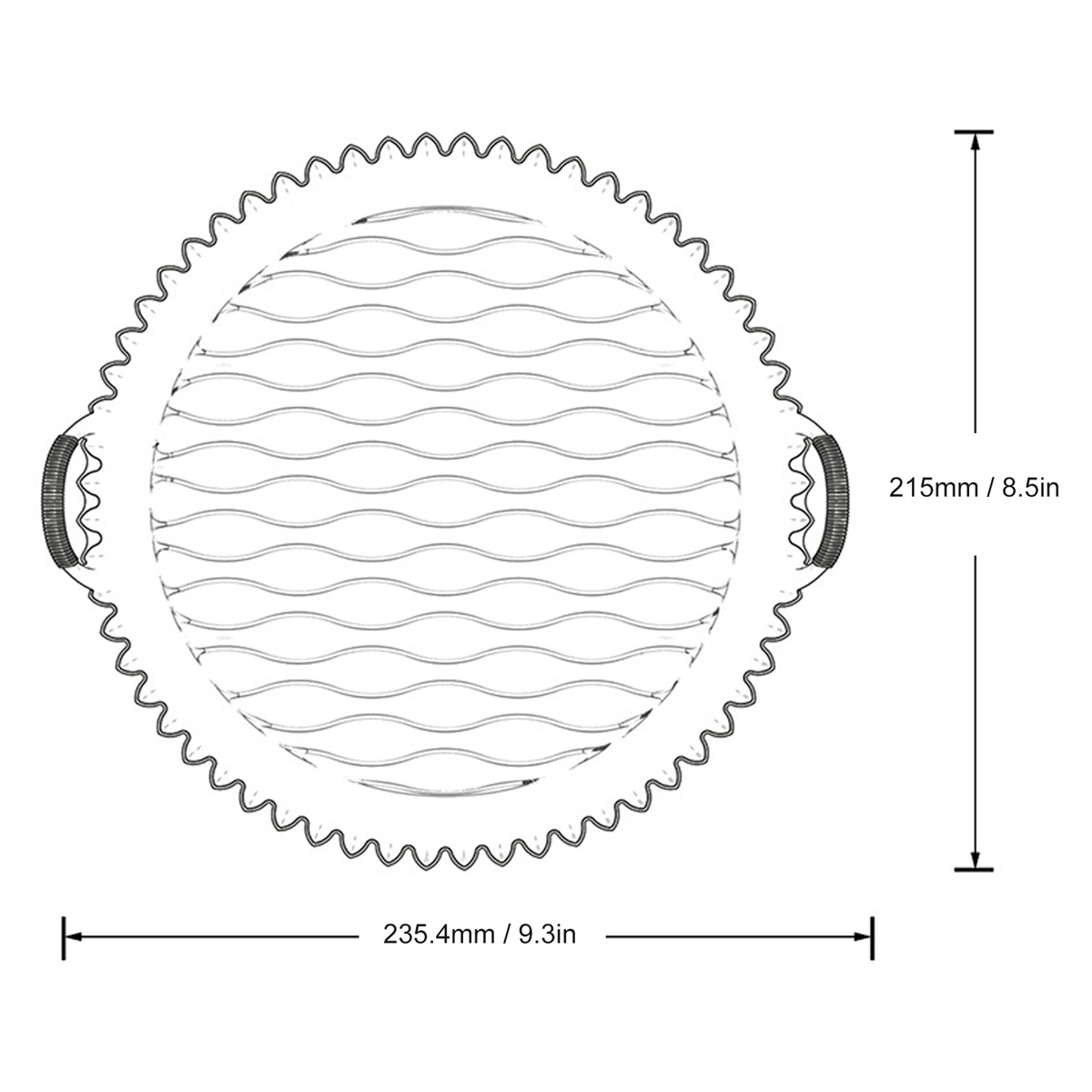 Ein kreisförmiger Grillrost mit Wellenmuster und Griffen auf beiden Seiten. Abmessungen: 235,4 mm/9,3 Zoll und 215 mm/8,5 Zoll.