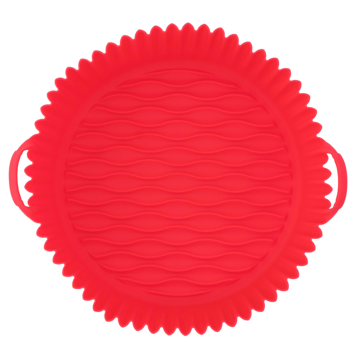 Eine rote, runde Silikon-Airfryer-Schale mit wellenförmigen Innenlinien und einem gewellten Rand. Sie hat zwei kleine Griffe.