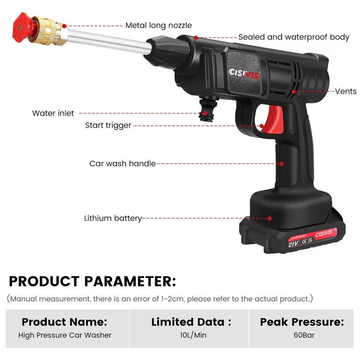 Ein schwarz-roter Autowäscher mit Metall-Düse. Er hat einen Akku und ist mit Produktdetails beschriftet.
