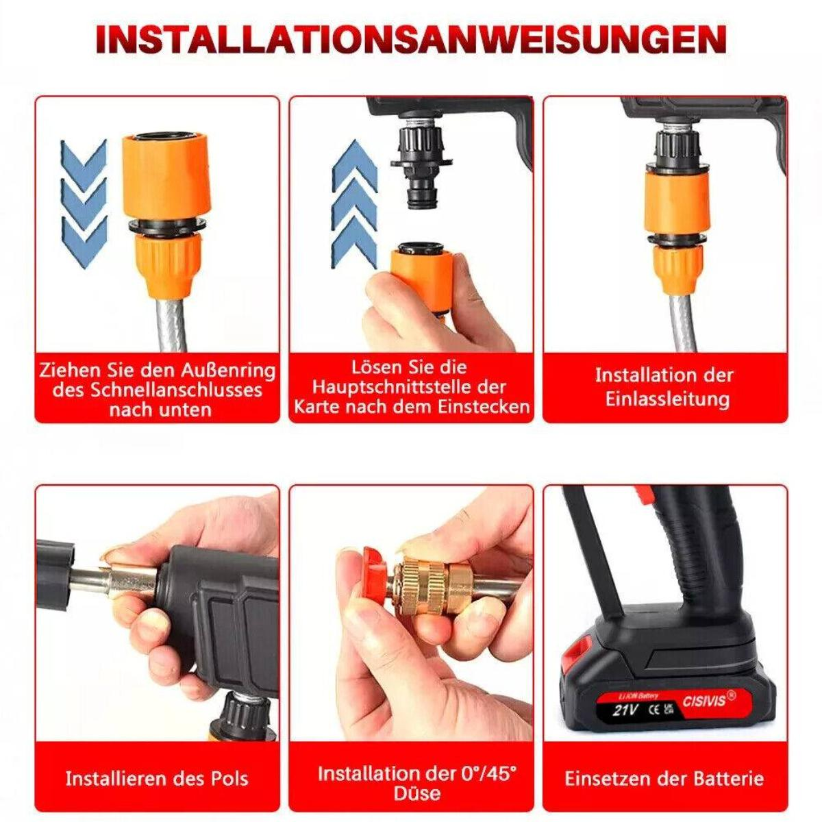 Installationsanweisungen mit sechs Schritten. Jeder Schritt zeigt Teile und Aktionen: Anschließen von Schläuchen, Düse und Akku an einen Hochdruckreiniger.