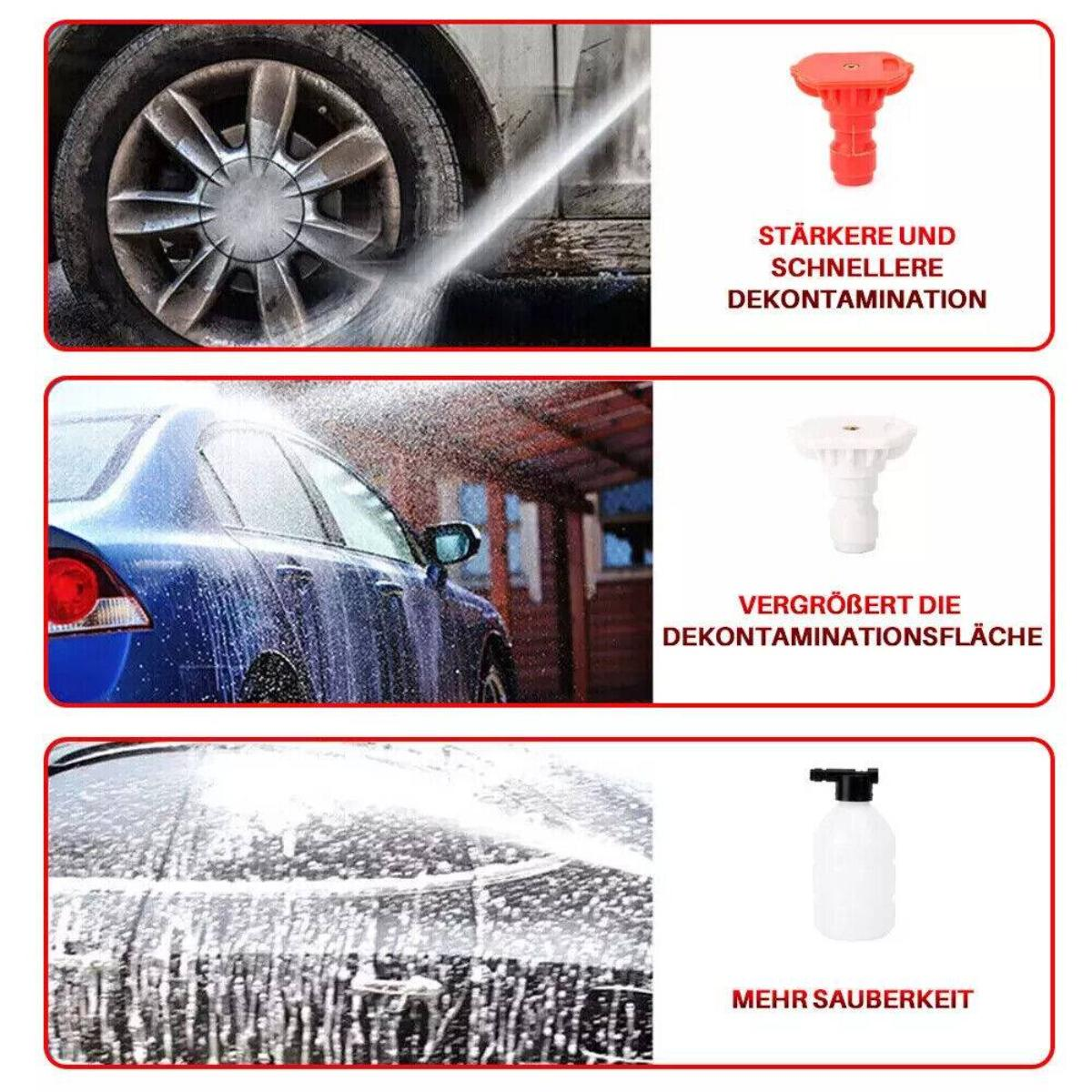 Das Bild zeigt einen Autowaschvorgang. Enthält Autorad, blaues Auto und Reinigungswerkzeuge. Text auf Deutsch: Stärkere und schnellere Dekontamination.