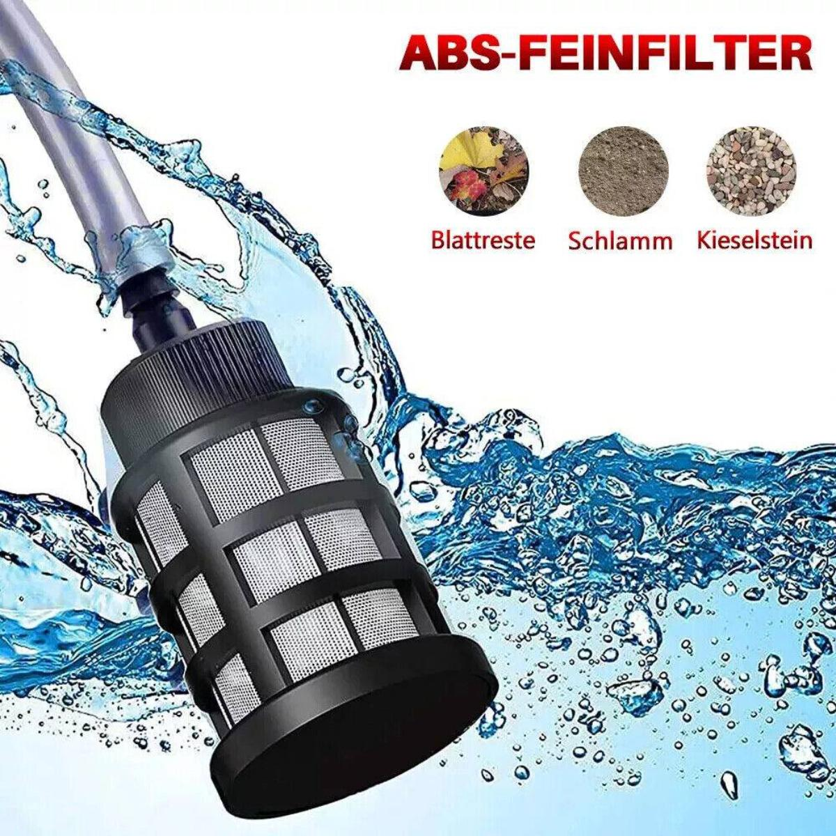 Ein schwarzer Filter wird mit fließendem Wasser, drei Beispielbildern von Schmutz und dem Text 'ABS-FEINFILTER' oben gezeigt.