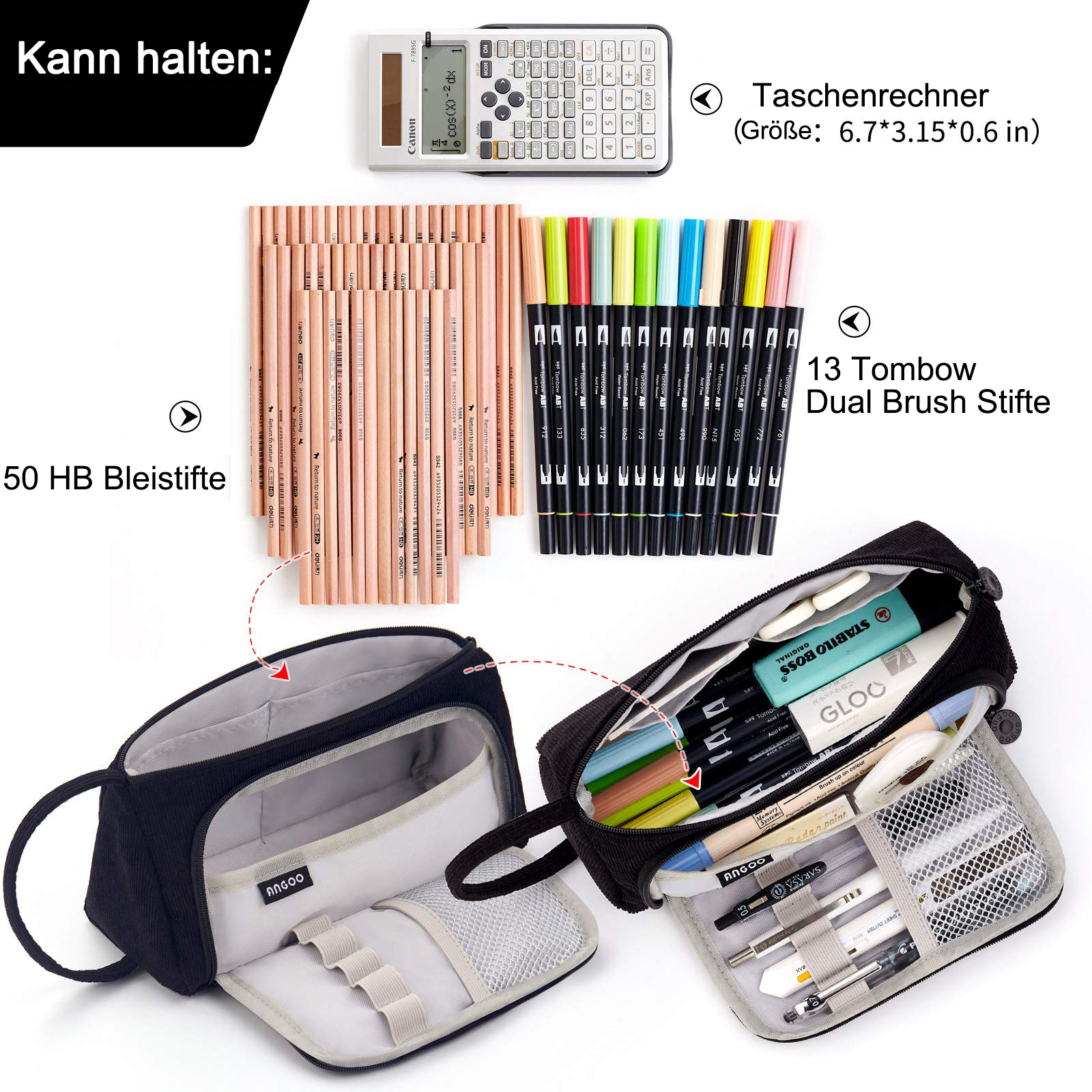 Das Bild zeigt Schreibwaren: Bleistifte, Taschenrechner, Marker und Federmäppchen. Etiketten zeigen Mengen und Typen.
