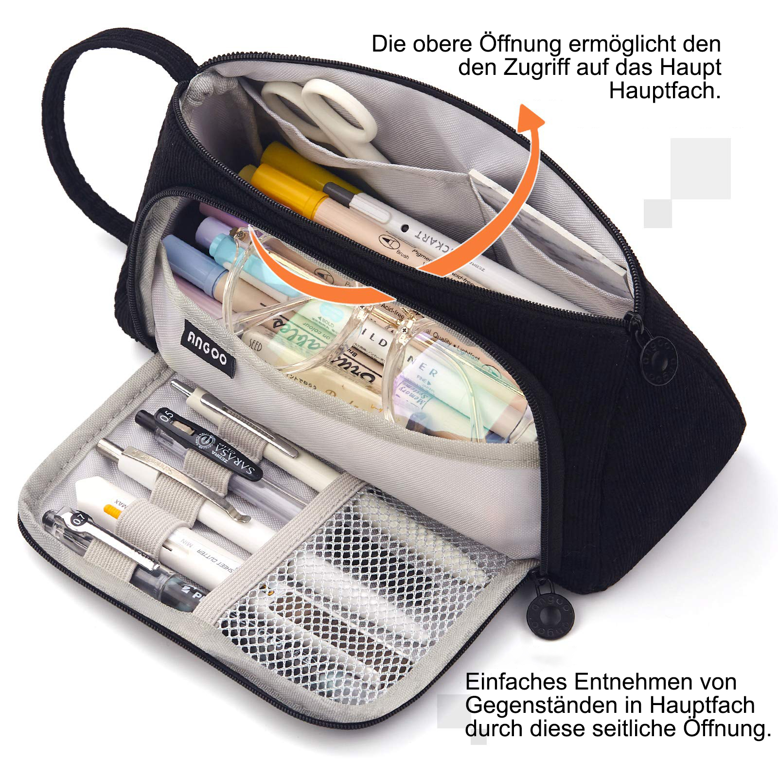 Schwarzes Federmäppchen, geöffnet, mit Stiften, Markern und Schere. Das Etui hat mehrere Fächer.