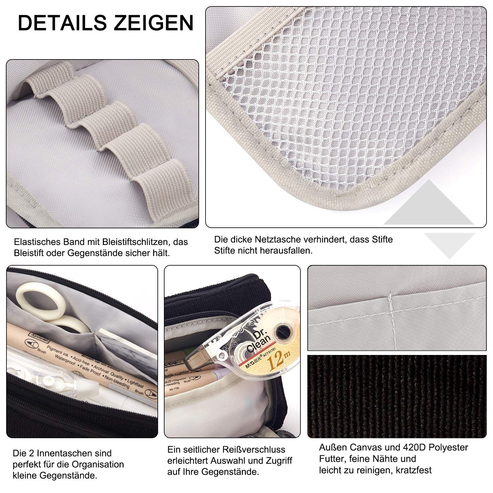 Details eines Federmäppchens mit Gummibändern, Netztasche, Fächern und einem Reißverschluss. Enthält Stifte, Scheren und Klebeband.
