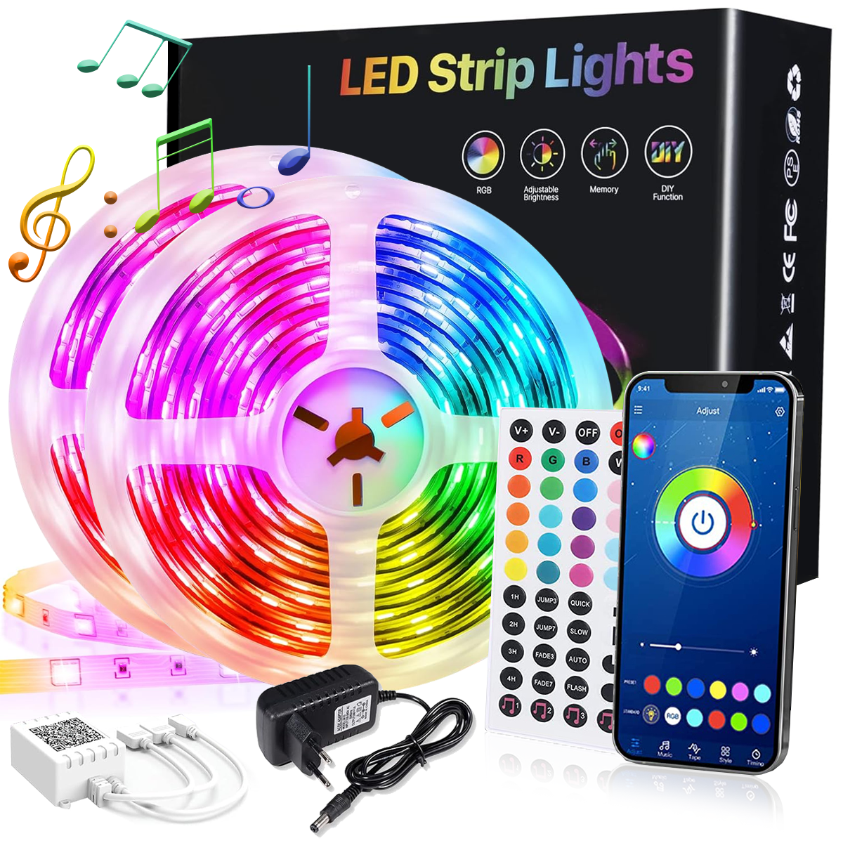 LED-Streifen mit Fernbedienung, Smartphone und Netzteil. Der Streifen ist aufgerollt und zeigt mehrere Farben.