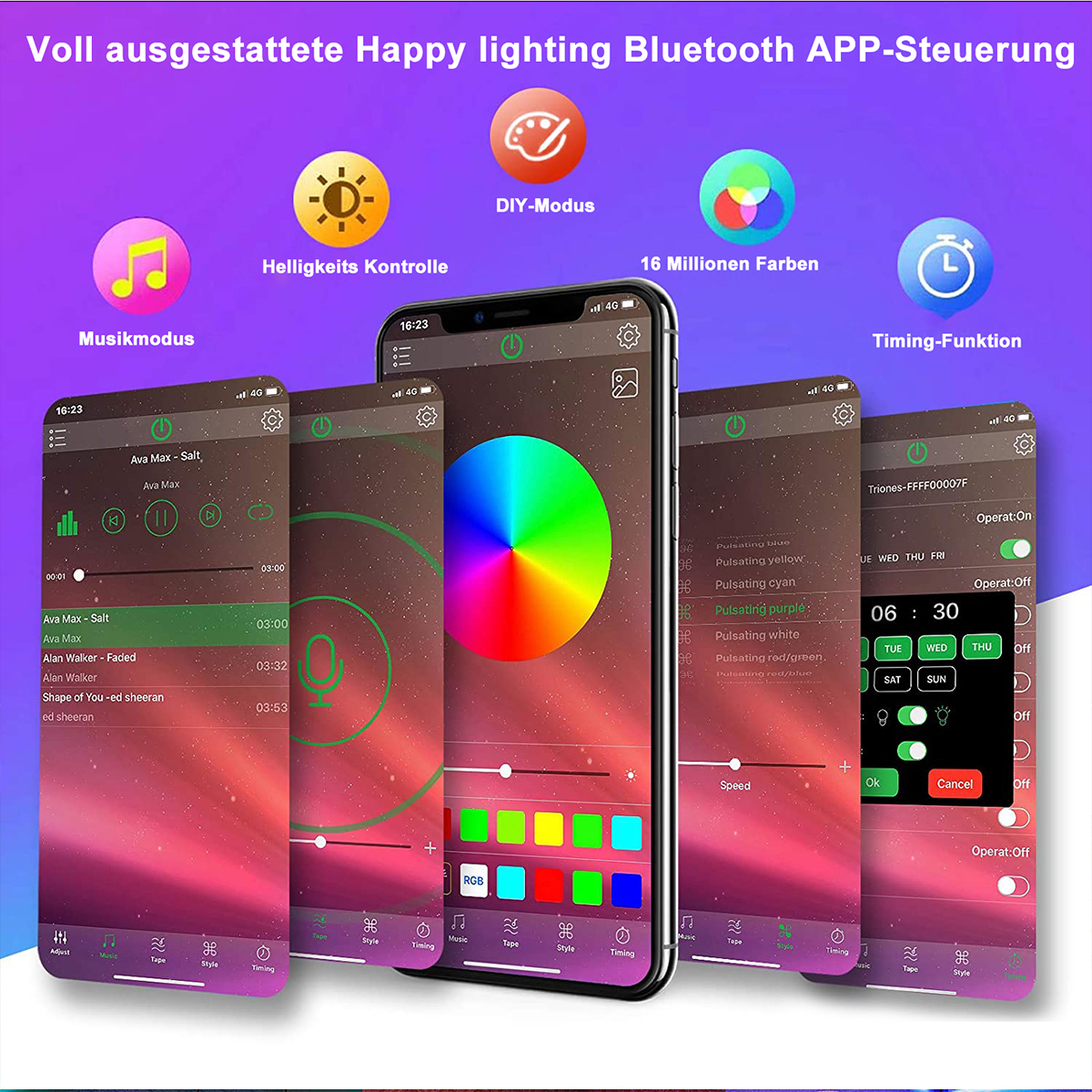 Eine Smartphone-App-Oberfläche, die Lichtsteuerungsoptionen mit Farbrad, Einstellungen und Musiksteuerungen zeigt.