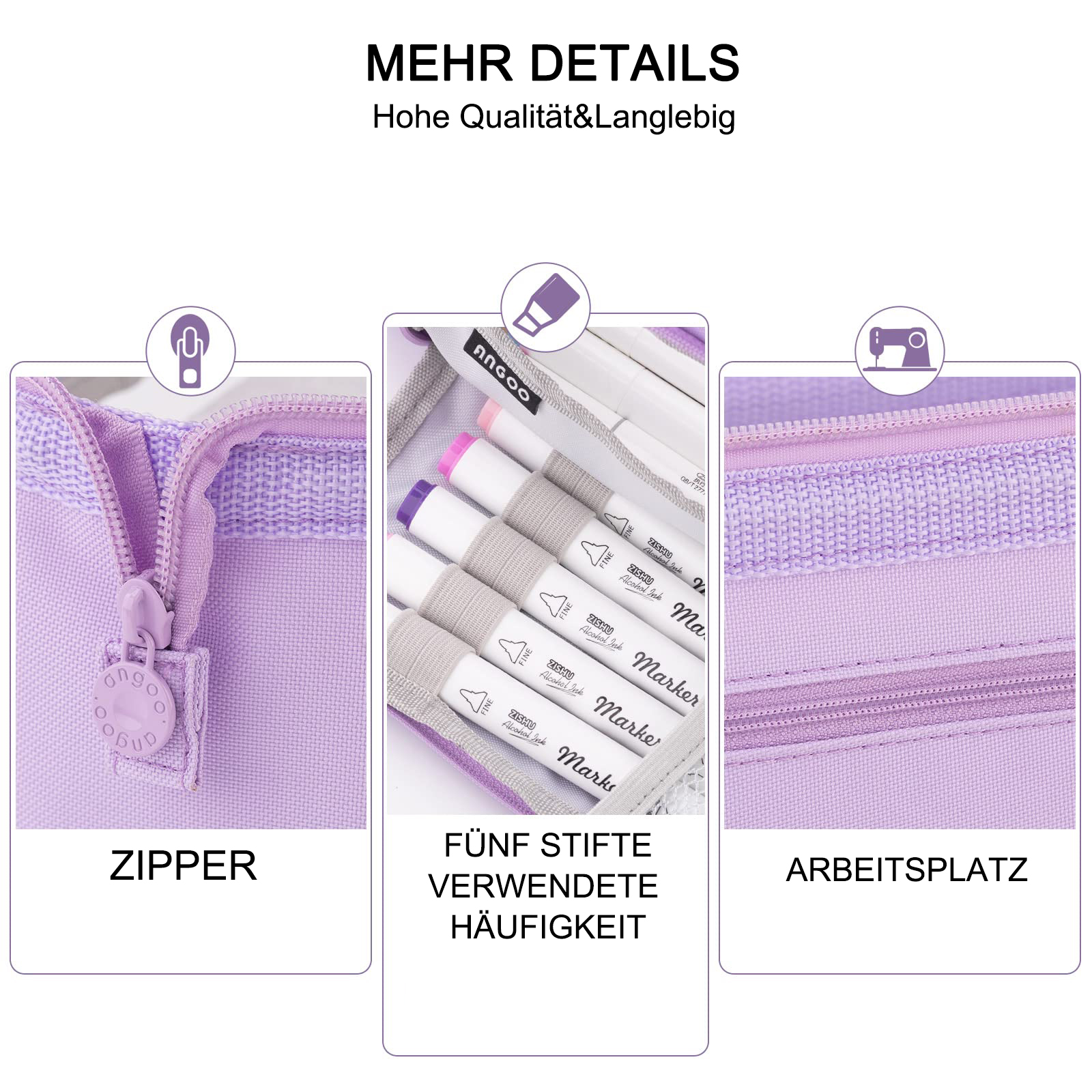Das Bild zeigt ein lila Federmäppchen mit Reißverschluss, fünf Markern und dem Wort 'Arbeitsplatz'.