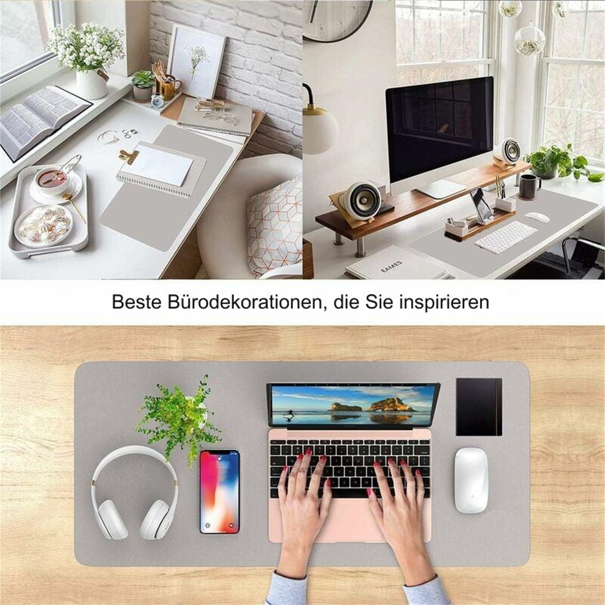 Ein Schreibtisch mit Laptop, Kopfhörern, Telefon und Maus. Hände tippen auf dem Laptop. Grüne Pflanze und andere Büroartikel sind sichtbar.