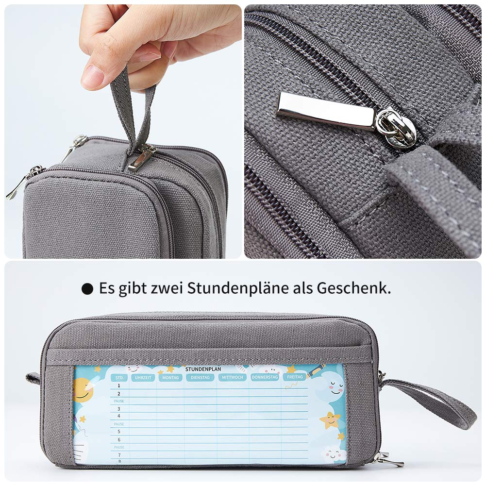 Graues Federmäppchen mit Stundenplan. Hand hält den Griff. Reißverschluss und Nahaufnahmen. Enthält deutschen Text.