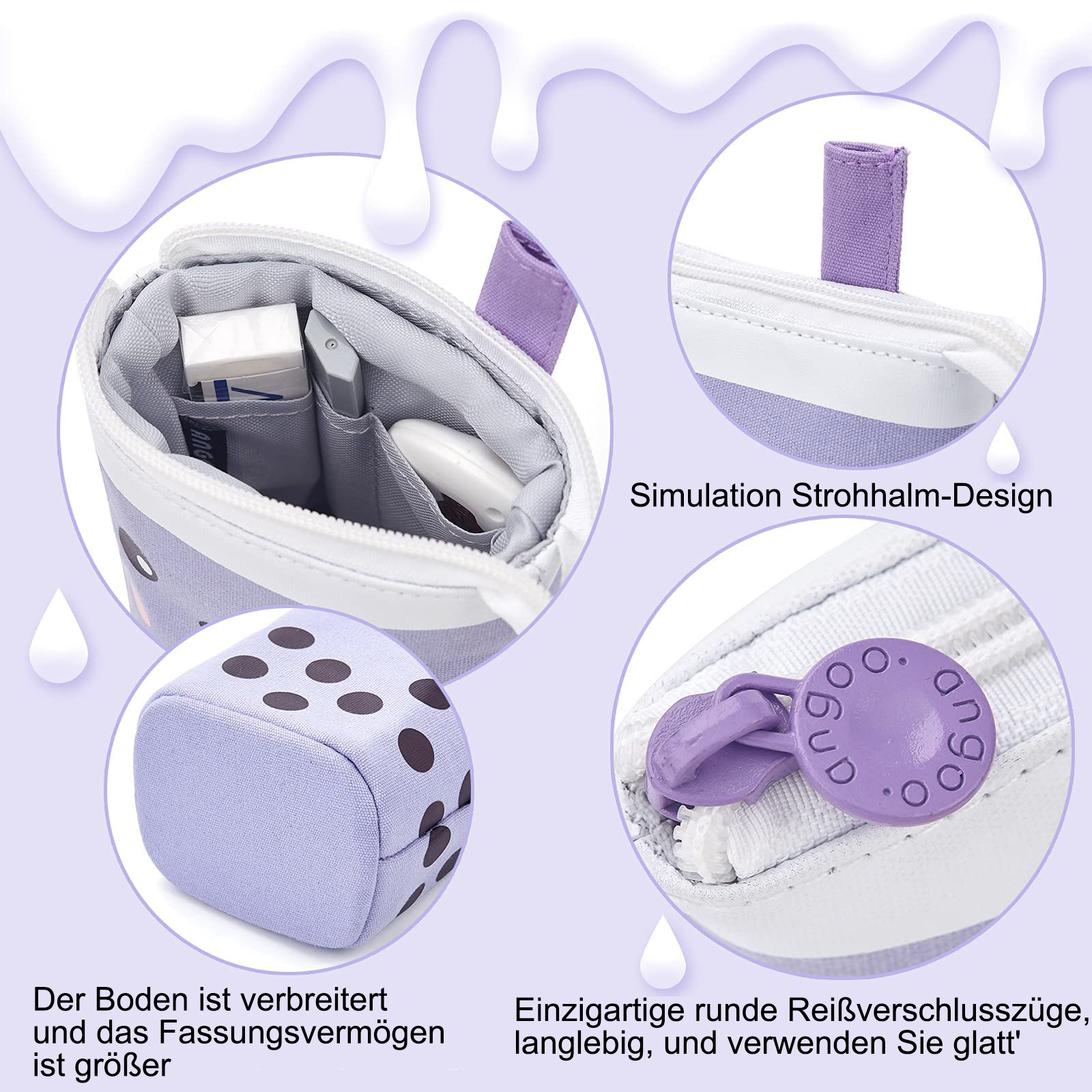 Ein lila Federmäppchen mit Würfeldesign, Reißverschluss, Griff und Inhalt. Enthält Text auf Deutsch.