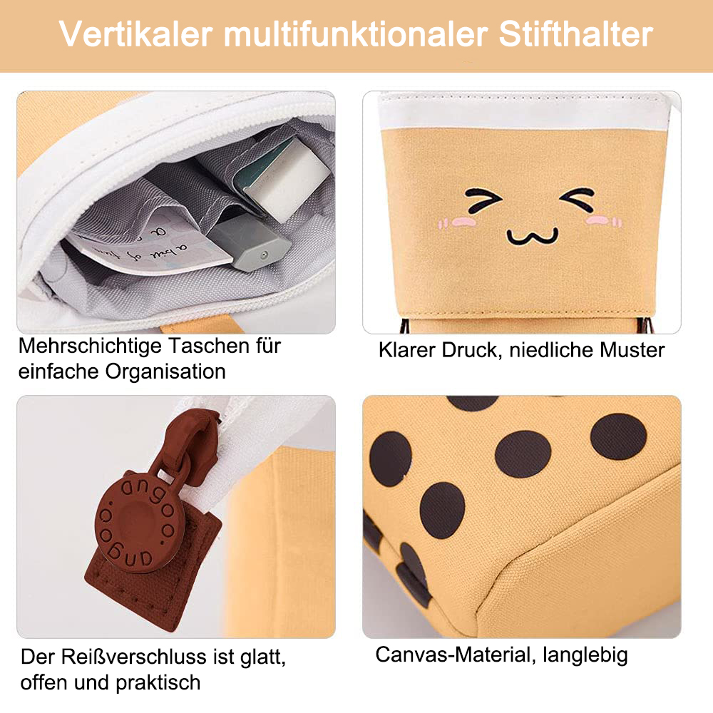 Das Bild zeigt vier Produktansichten: offenes Federmäppchen, niedlicher Stiftehalter, Reißverschlussdetail und Canvas-Material mit Punkten.