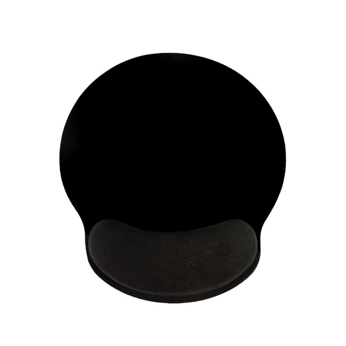 Ein schwarzes Mauspapier mit Handgelenkauflage. Das Pad ist rund, die Handgelenkauflage oval. Der Hintergrund ist weiß.