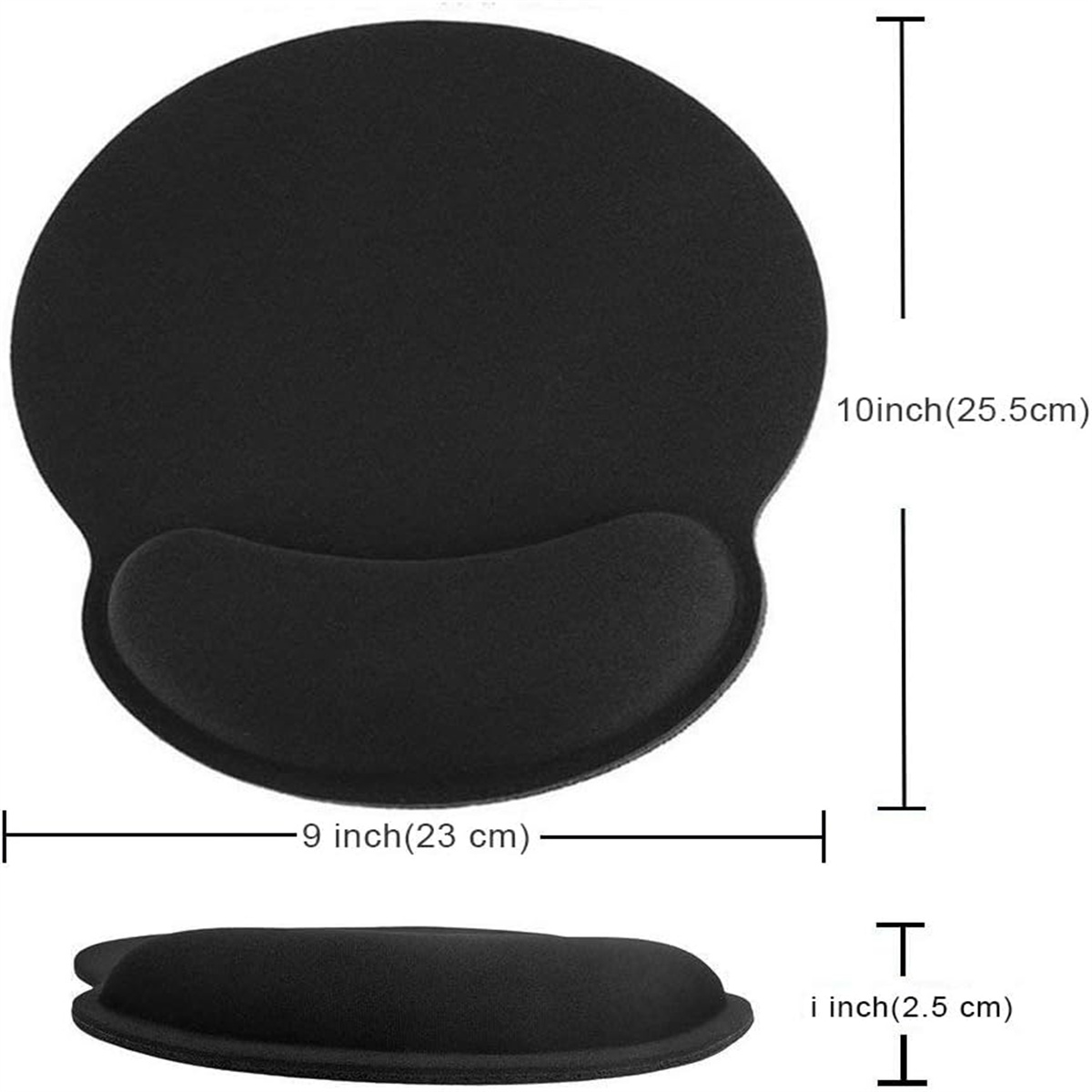 Schwarzes ergonomisches Mausp Pad mit Handgelenkauflage. Abmessungen: 10 Zoll Durchmesser, 9 Zoll Breite und 1 Zoll Dicke. Messungen sind gezeigt.