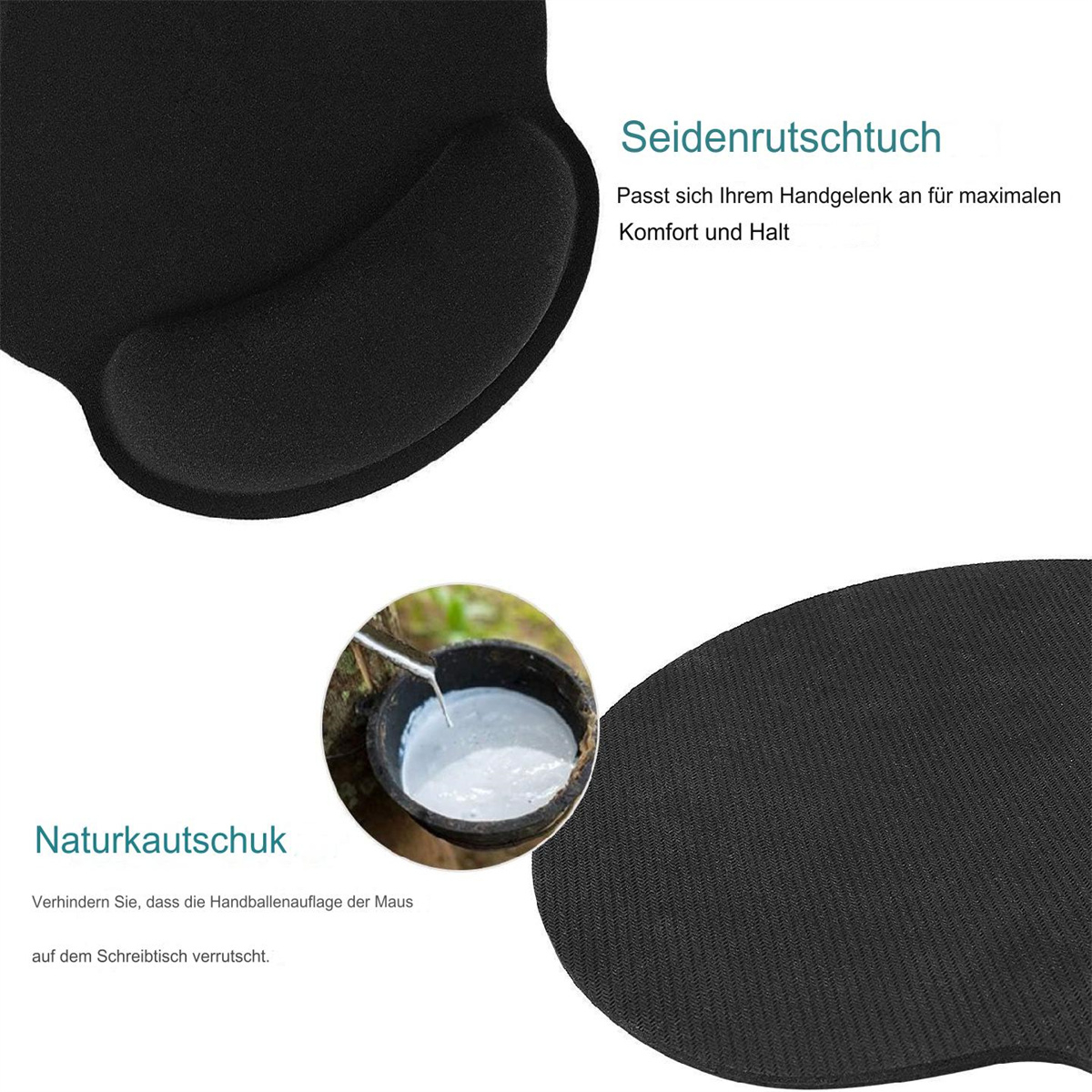 Eine schwarze Mausunterlage mit Handgelenkauflage, eine kleine Schüssel mit weißer Flüssigkeit und Text auf Deutsch. Der Text lautet 'Naturkautschuk'.