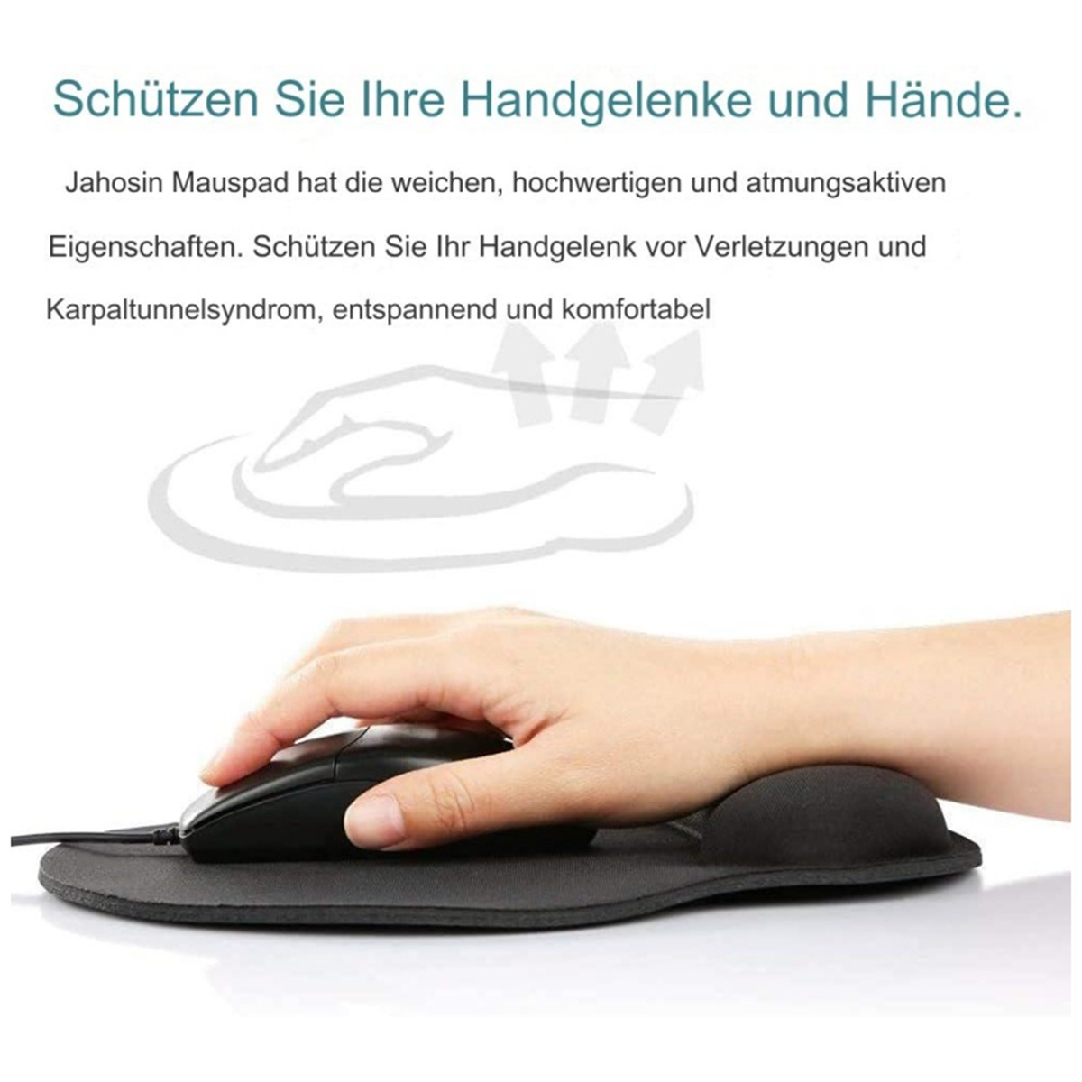 Eine Hand ruht auf einem schwarzen Mauspads mit Handgelenkstütze und hält eine schwarze Maus. Das Bild wirbt für Handgelenkschutz.