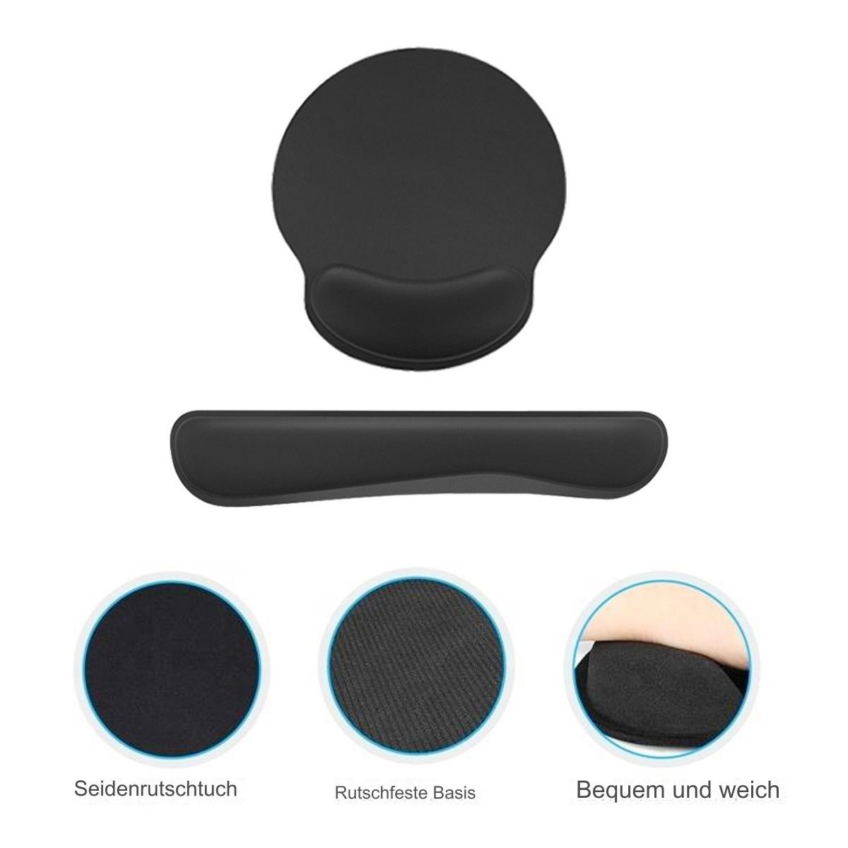 Schwarzes ergonomisches Mauspadd mit Handgelenkstütze. Enthält ein kreisförmiges Pad und eine lange Auflage. Muster zeigen Stoff und Komfort.