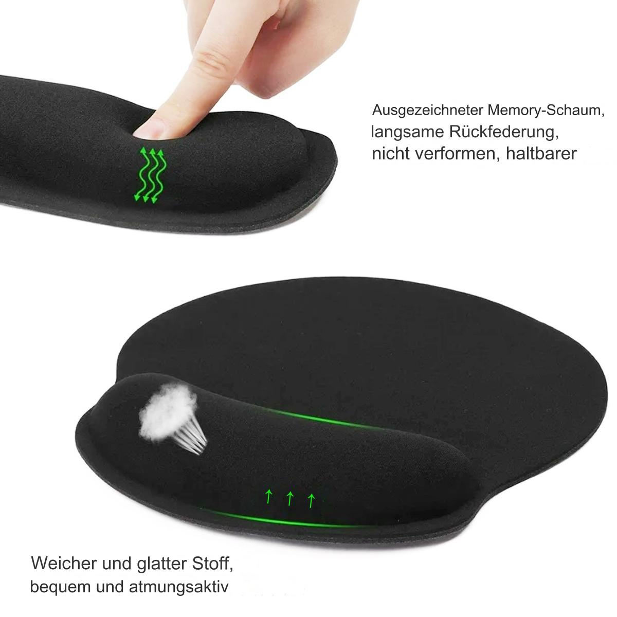 Schwarzes ergonomisches Mauspad mit Handgelenkstütze. Ein Finger drückt auf den Schaumstoff. Text erwähnt Memory-Schaum, atmungsaktiver Stoff.