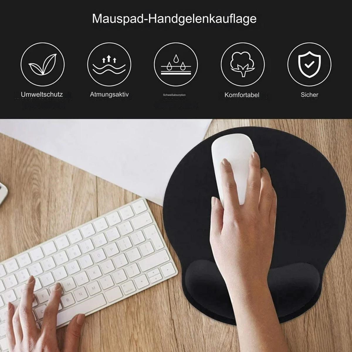 Eine Hand benutzt eine weiße Maus auf einem schwarzen Mauspad mit Handballenauflage. Tastatur und Icons sind auf Holz sichtbar.