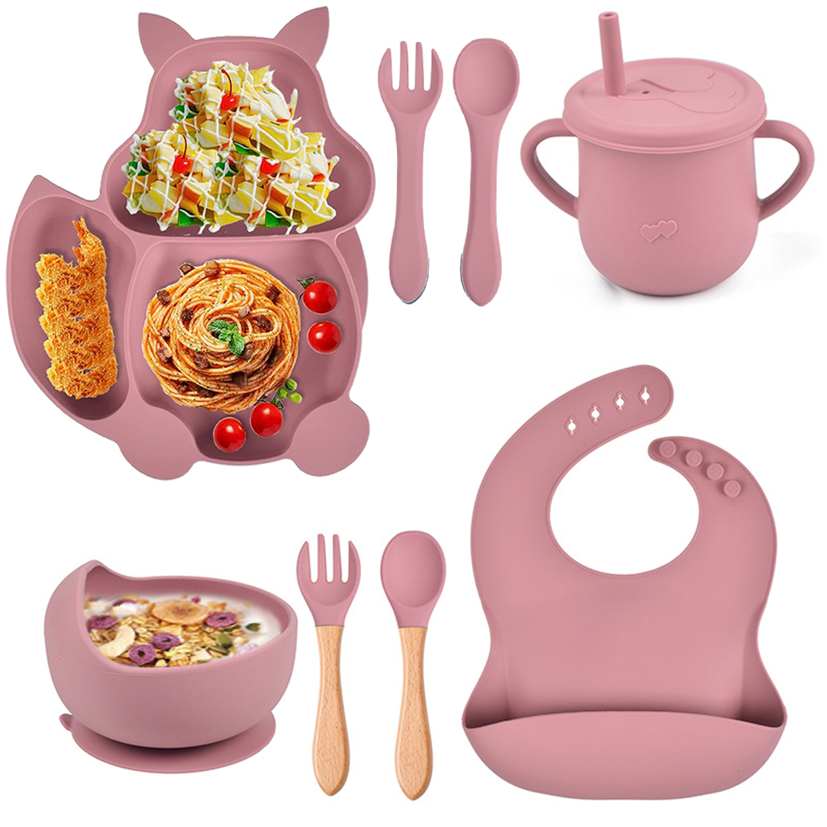 Ein rosa Baby-Ess-Set mit Teller, Schüssel, Lätzchen, Becher, Gabel und Löffel. Der Teller hat Nudeln, Salat und ein gebratenes Gericht.