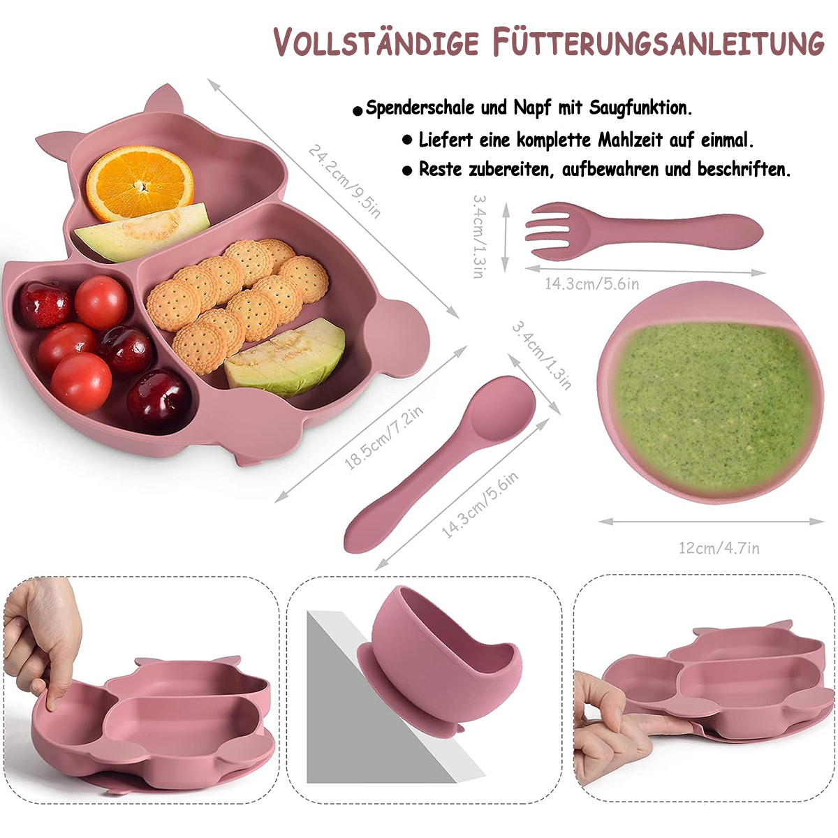 Rosa Baby-Fütterungsset mit Teller, Gabel, Löffel und Schüssel. Teller hat Obst und Cracker. Text auf Deutsch.