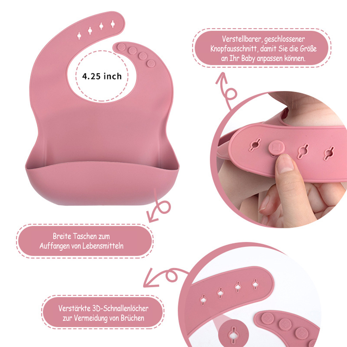 Ein rosa Baby-Lätzchen mit Tasche, verstellbaren Hals-Druckknöpfen und verstärkten 3D-Schnallenlöchern für Haltbarkeit.