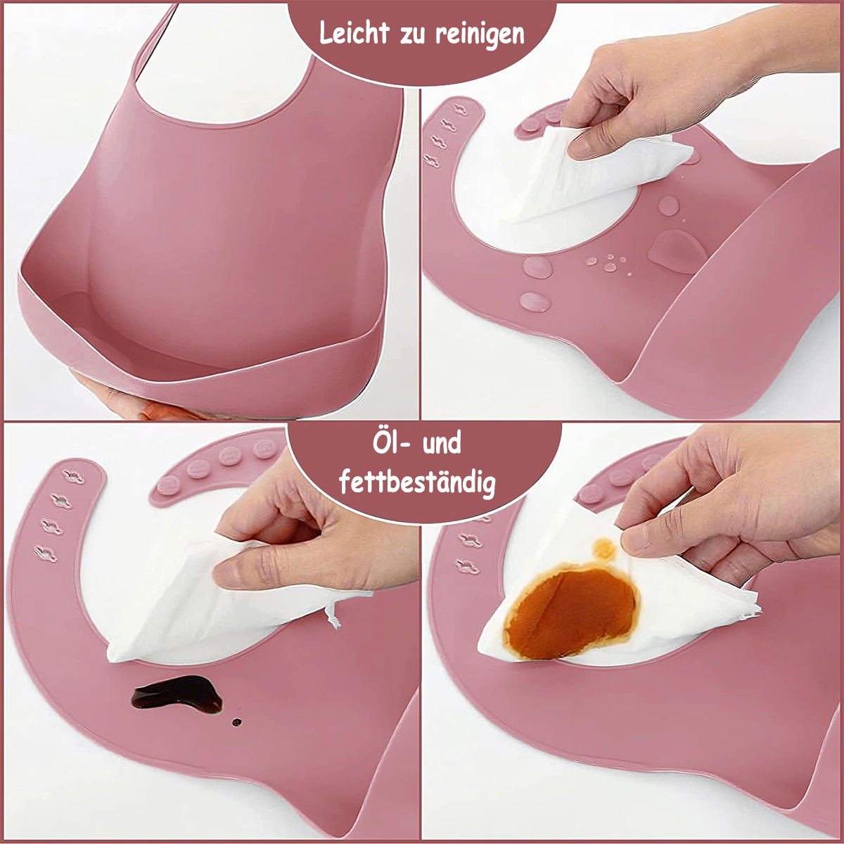 Rosa Baby-Lätzchen, das mit einem Wischtuch gereinigt wird. Zeigt Öl- und Fettbeständigkeit. Text: leicht zu reinigen, öl- und fettbeständig.