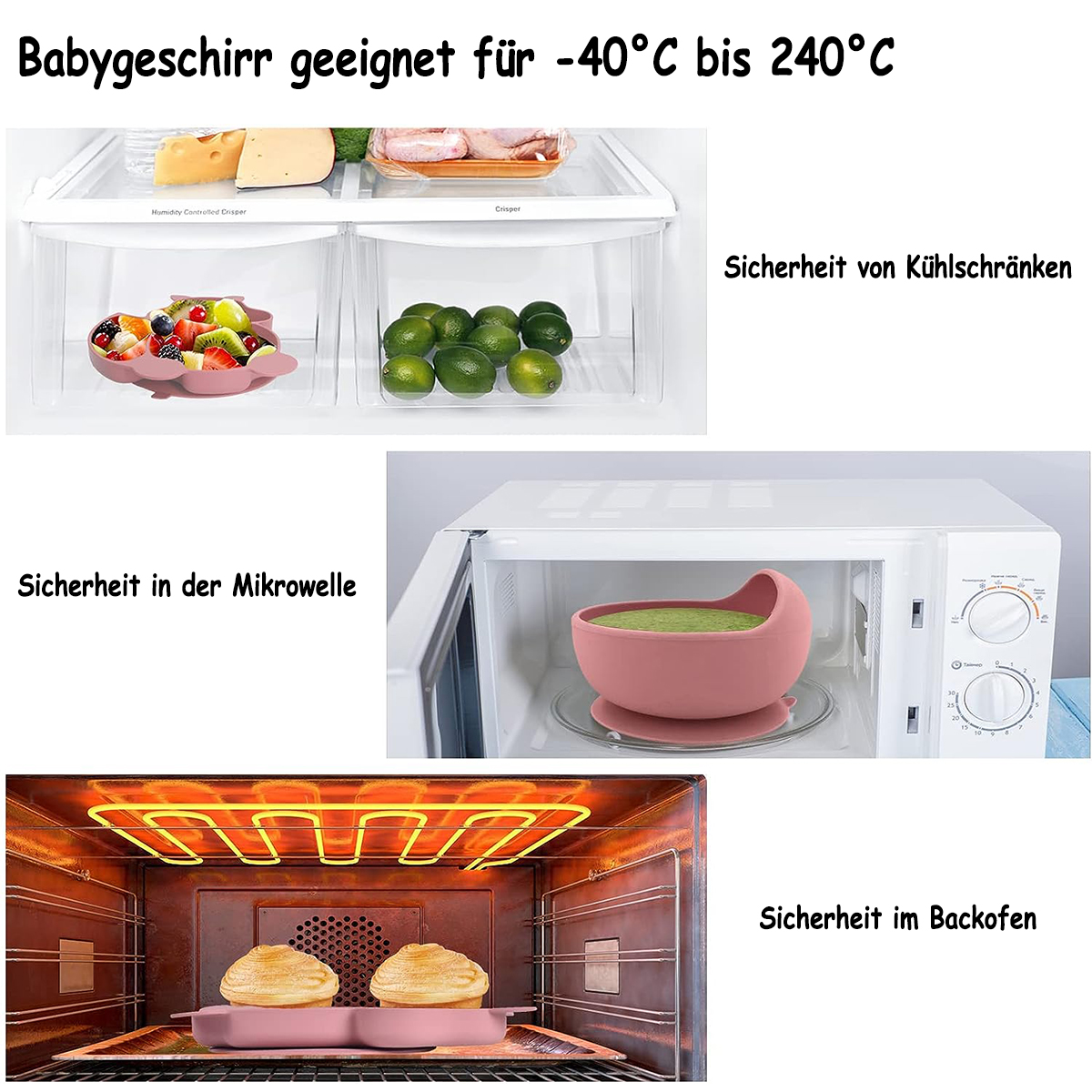 Das Bild zeigt Babykostbehälter in einem Kühlschrank, einer Mikrowelle und einem Ofen, was auf Temperatursicherheit hindeutet.