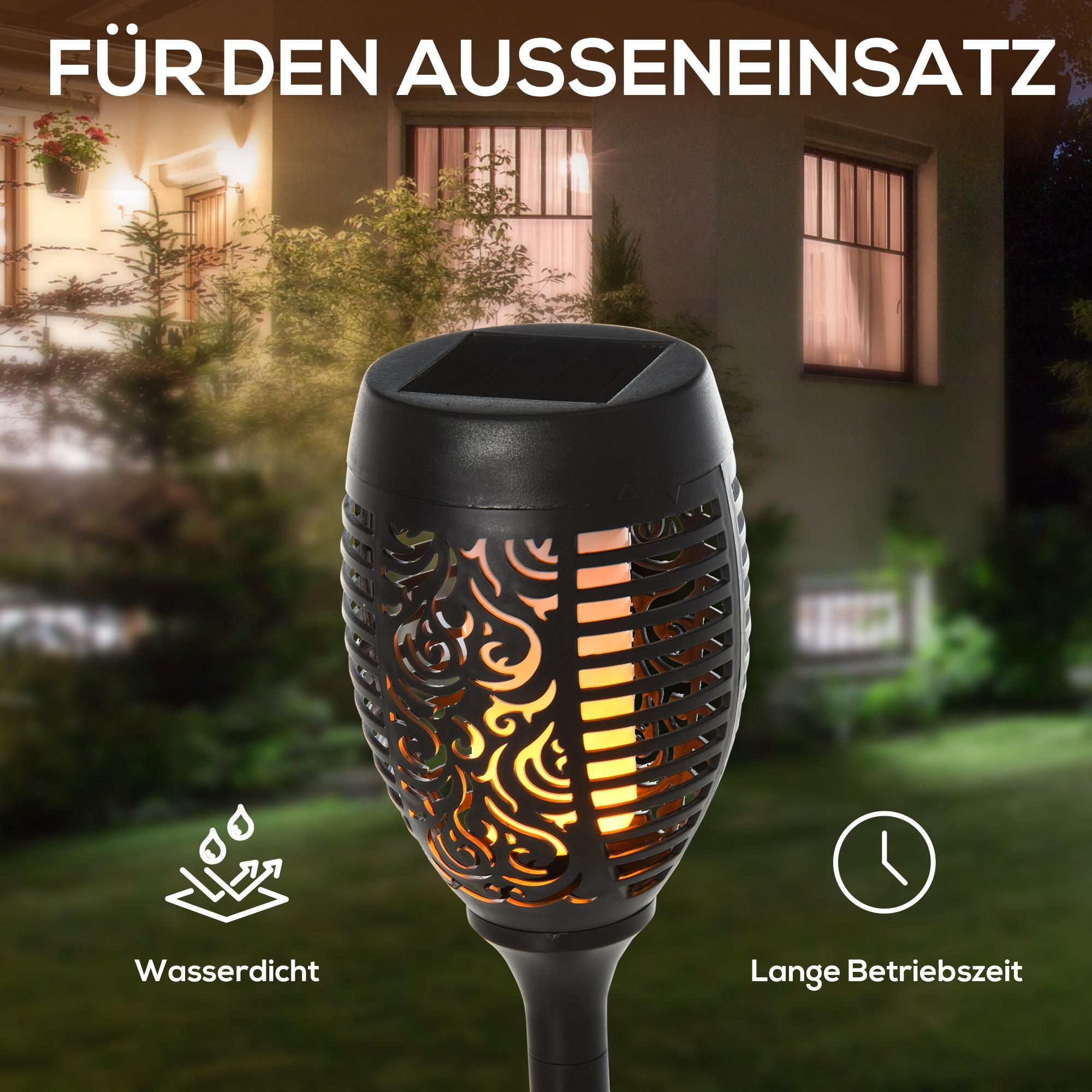 Eine schwarze Solar-Außenfackel mit dekorativem Muster, vor einem Haus- und Gartenhintergrund, mit Text zur Wasserbeständigkeit.