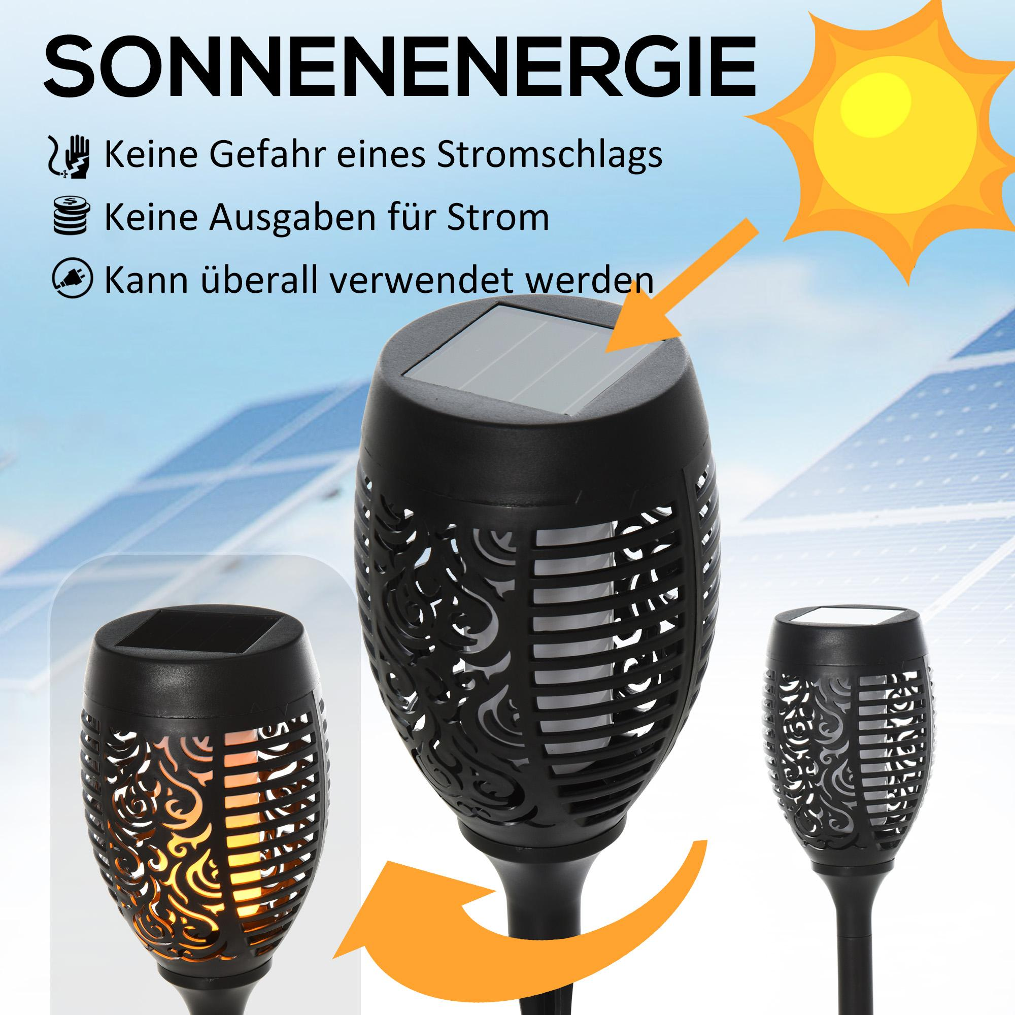 Bild von solarbetriebenen Fackelleuchten. Der Hintergrund zeigt Sonnenkollektoren und eine Sonne. Text wirbt für Solarenergie.