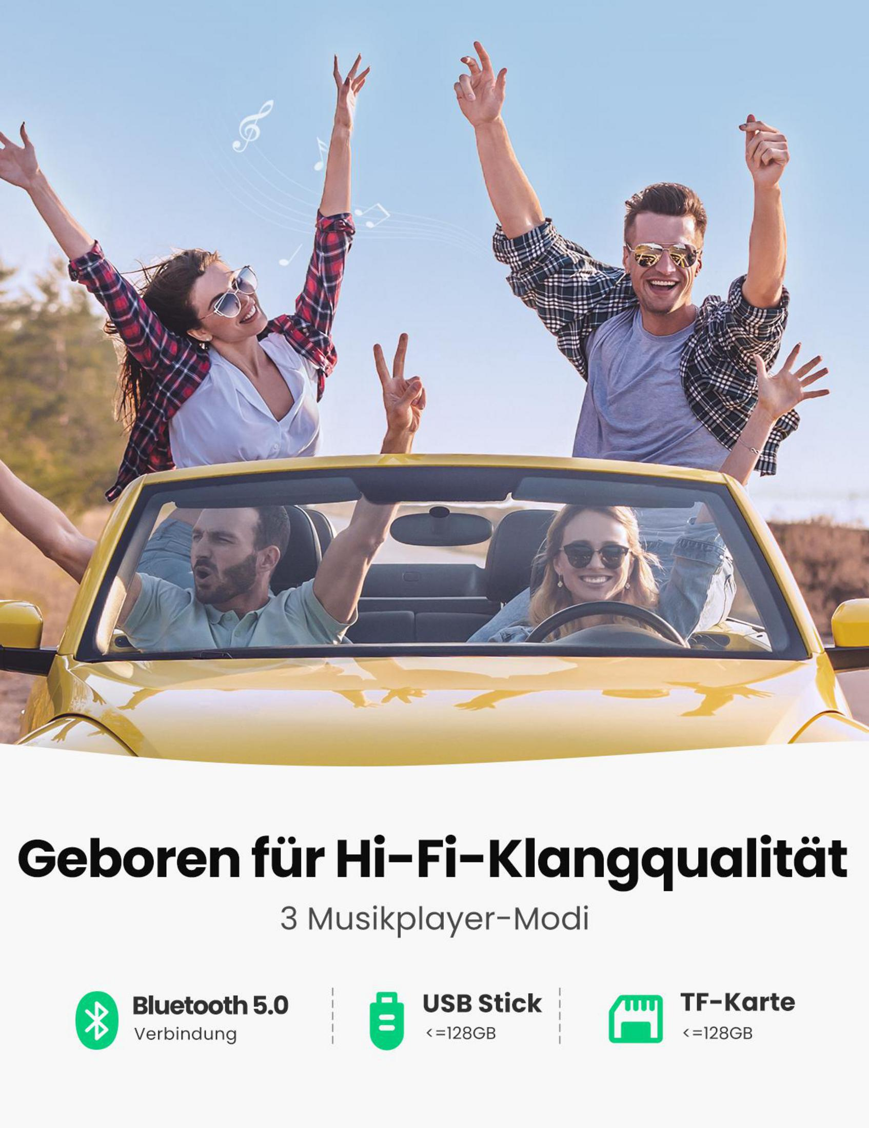 Ein gelbes Auto mit Leuten darin und drumherum. Sie genießen Musik mit erhobenen Händen. Text unten zur Werbung für Produktmerkmale.