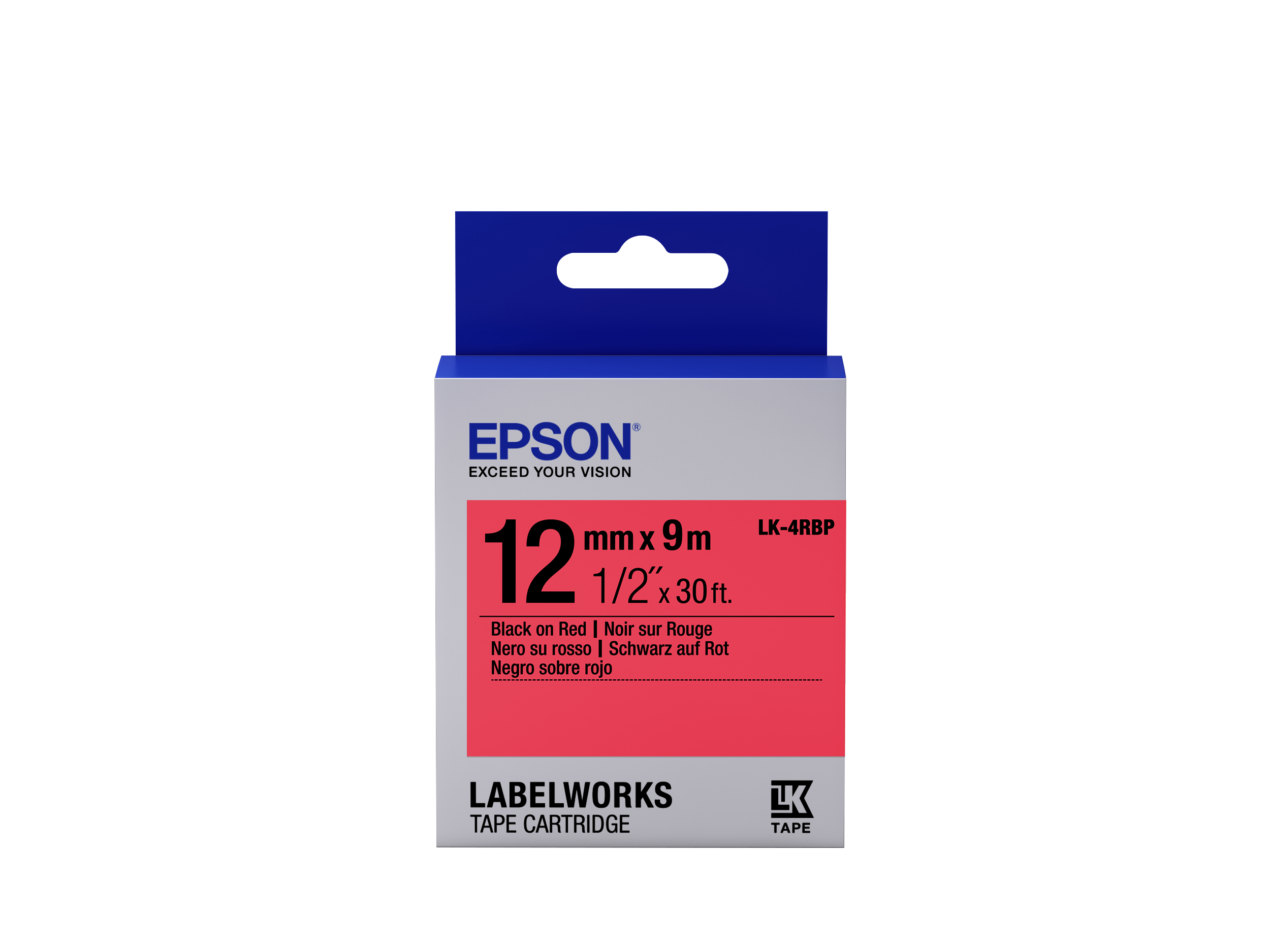 Cartucho de cinta Epson LabelWorks. Embalaje azul, blanco y rojo. El texto incluye 12 mm x 9 m, cinta negra sobre roja y el logotipo de Epson.