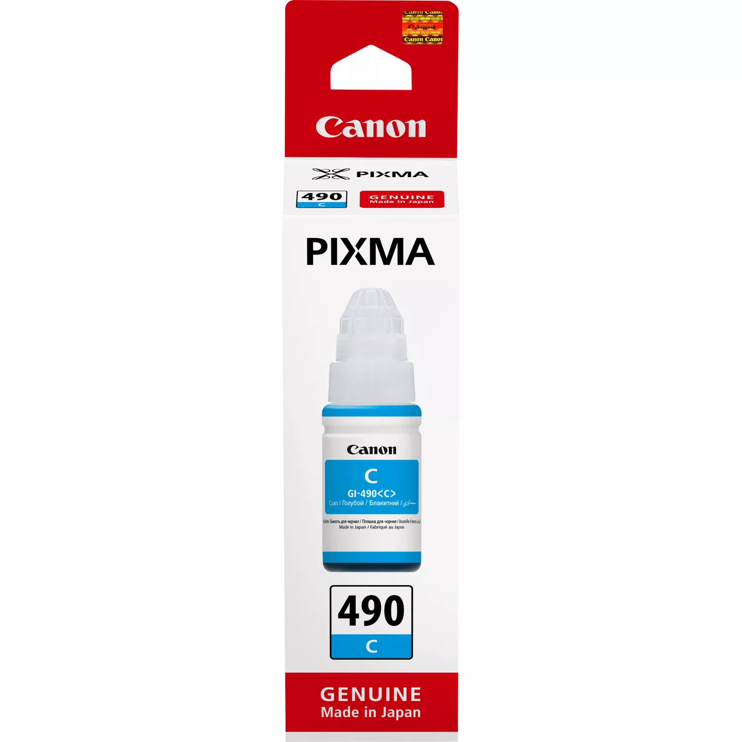 Botella de tinta Canon Pixma, color cian. El embalaje es blanco, rojo y negro. La botella está etiquetada GI-490<lt/>C<gt/>.