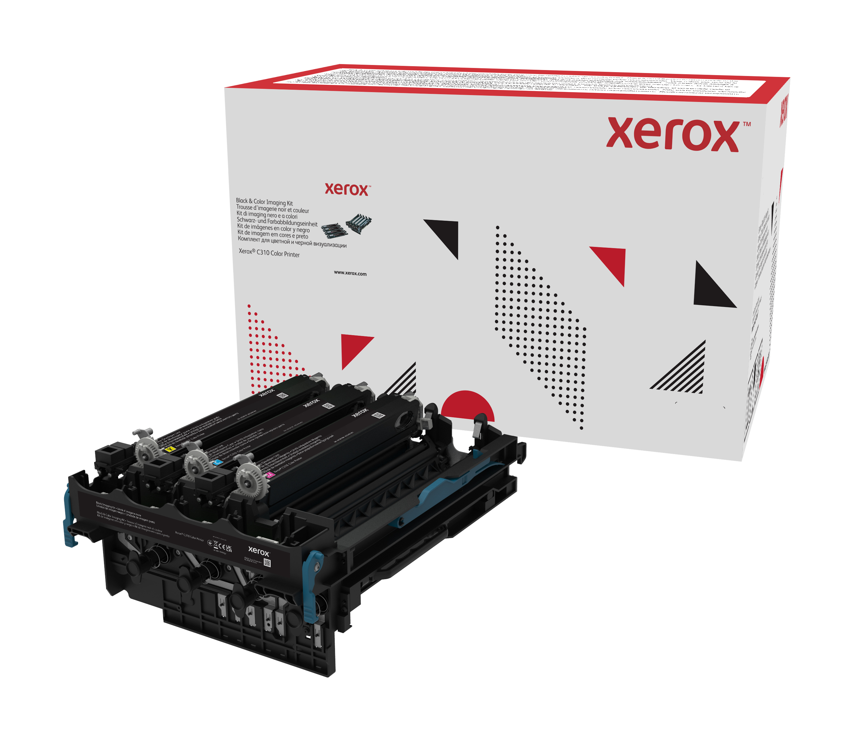 Un kit di imaging per stampante Xerox con una scatola e una cartuccia. La scatola è bianca con accenti rossi e neri.